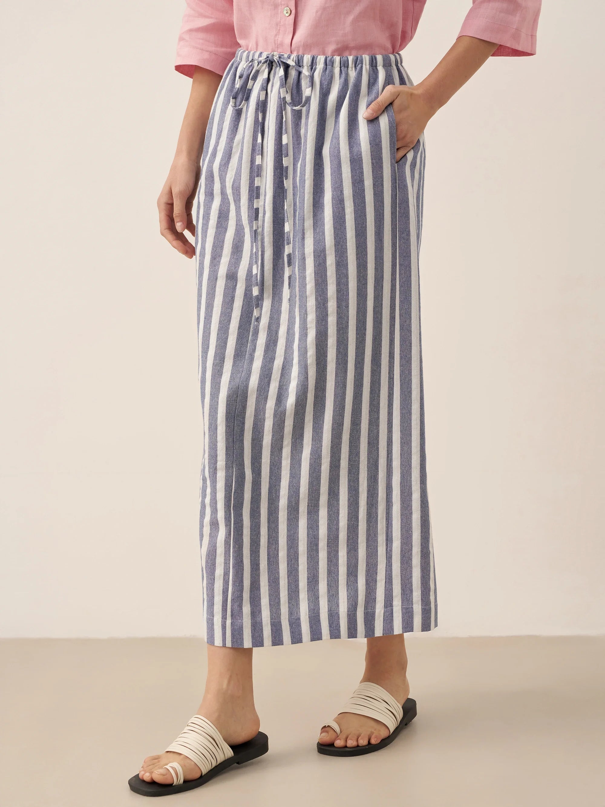 Linen Striped Drawstring Skirt ELISE by LINTICO