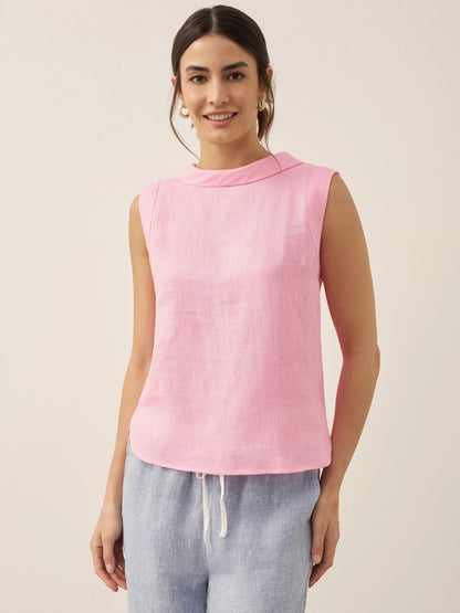 100% Linen Draped Collar Tank Top by LINTICO