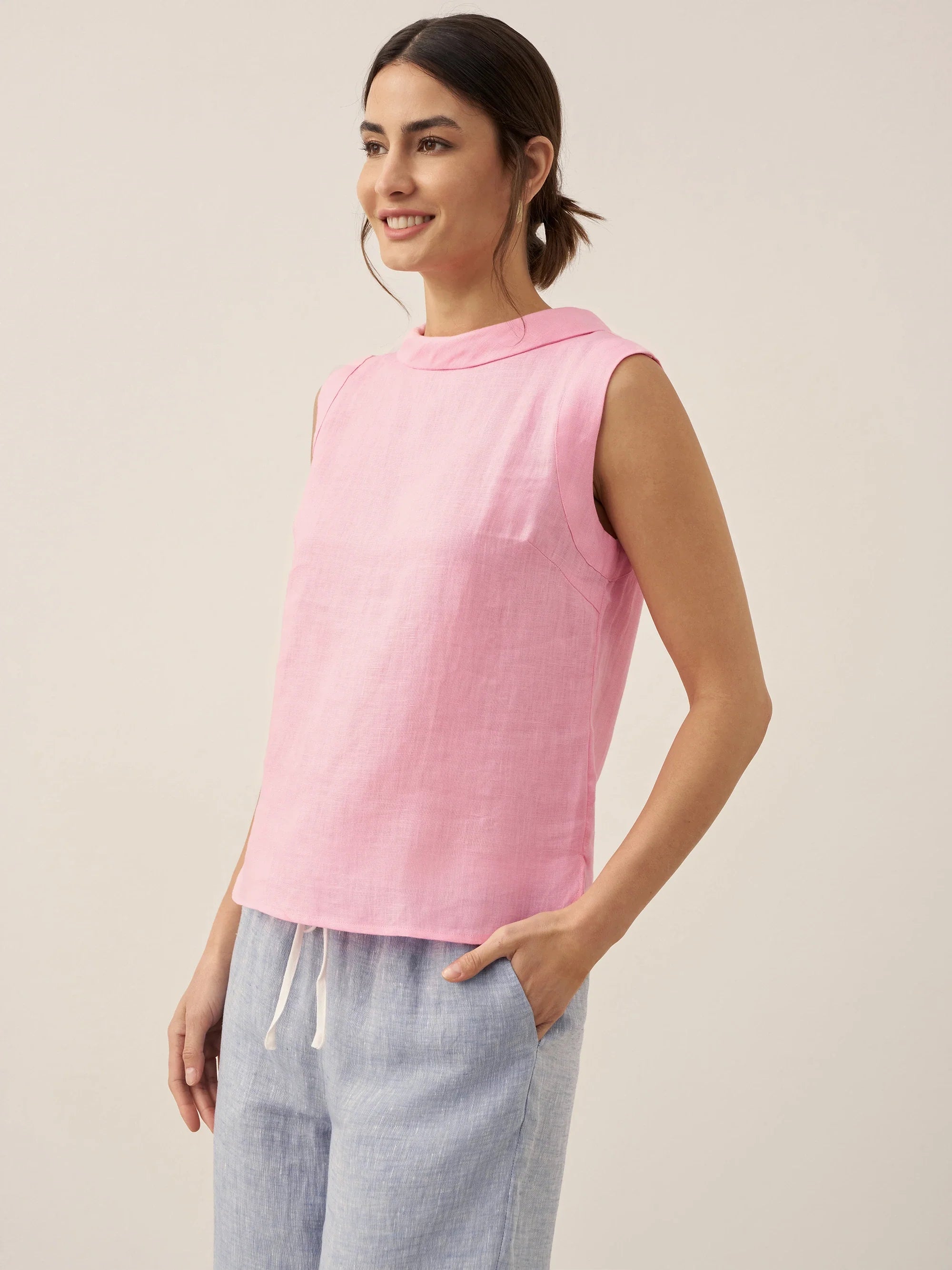 100% Linen Draped Collar Tank Top by LINTICO