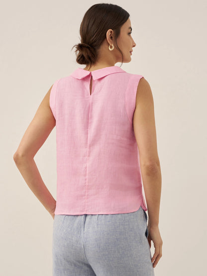 100% Linen Draped Collar Tank Top by LINTICO