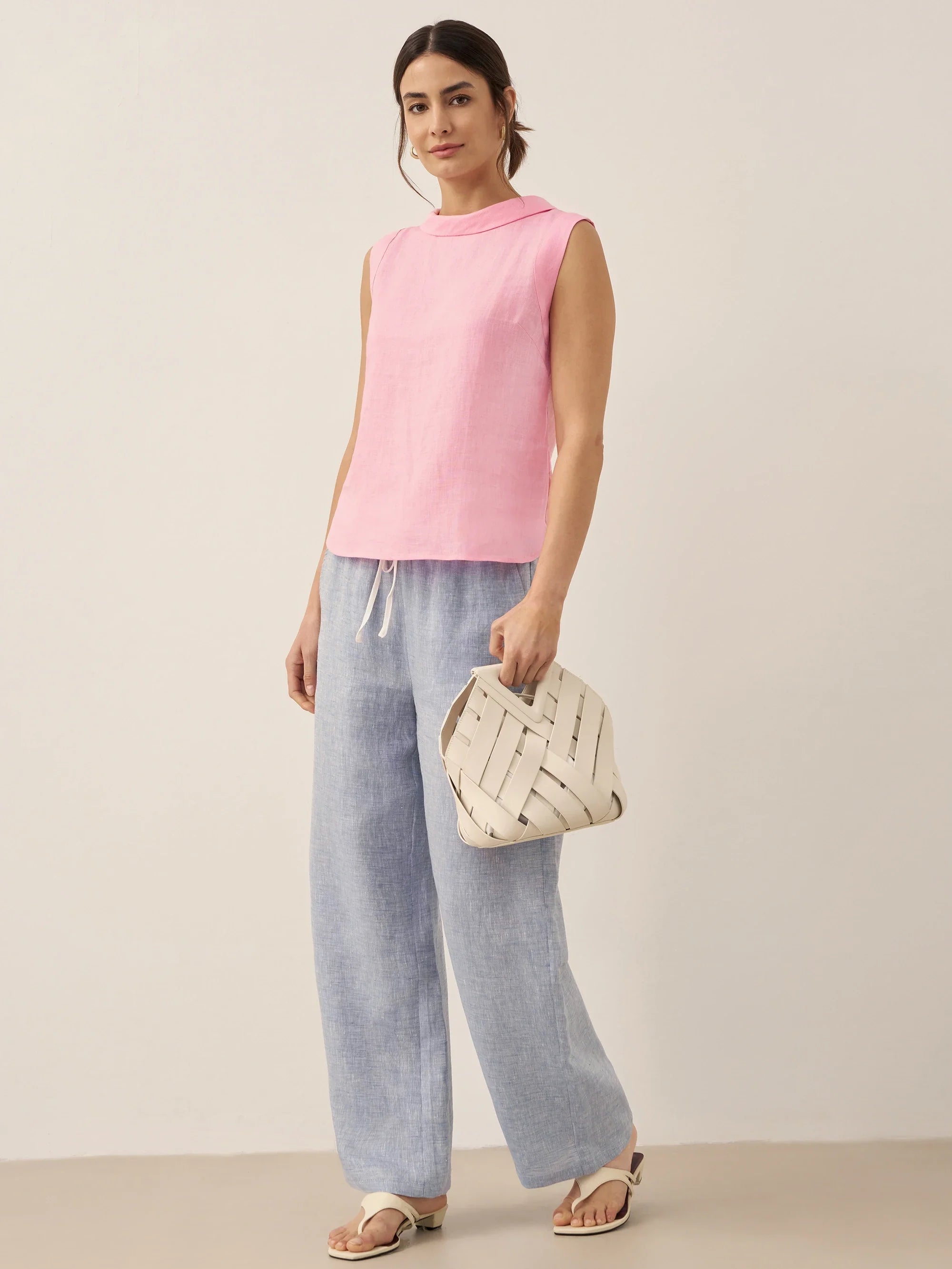 100% Linen Draped Collar Tank Top by LINTICO