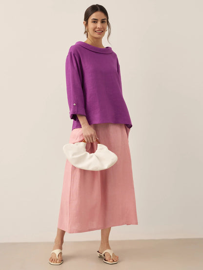 100% Linen Elastic Waist Skirt MARINA 