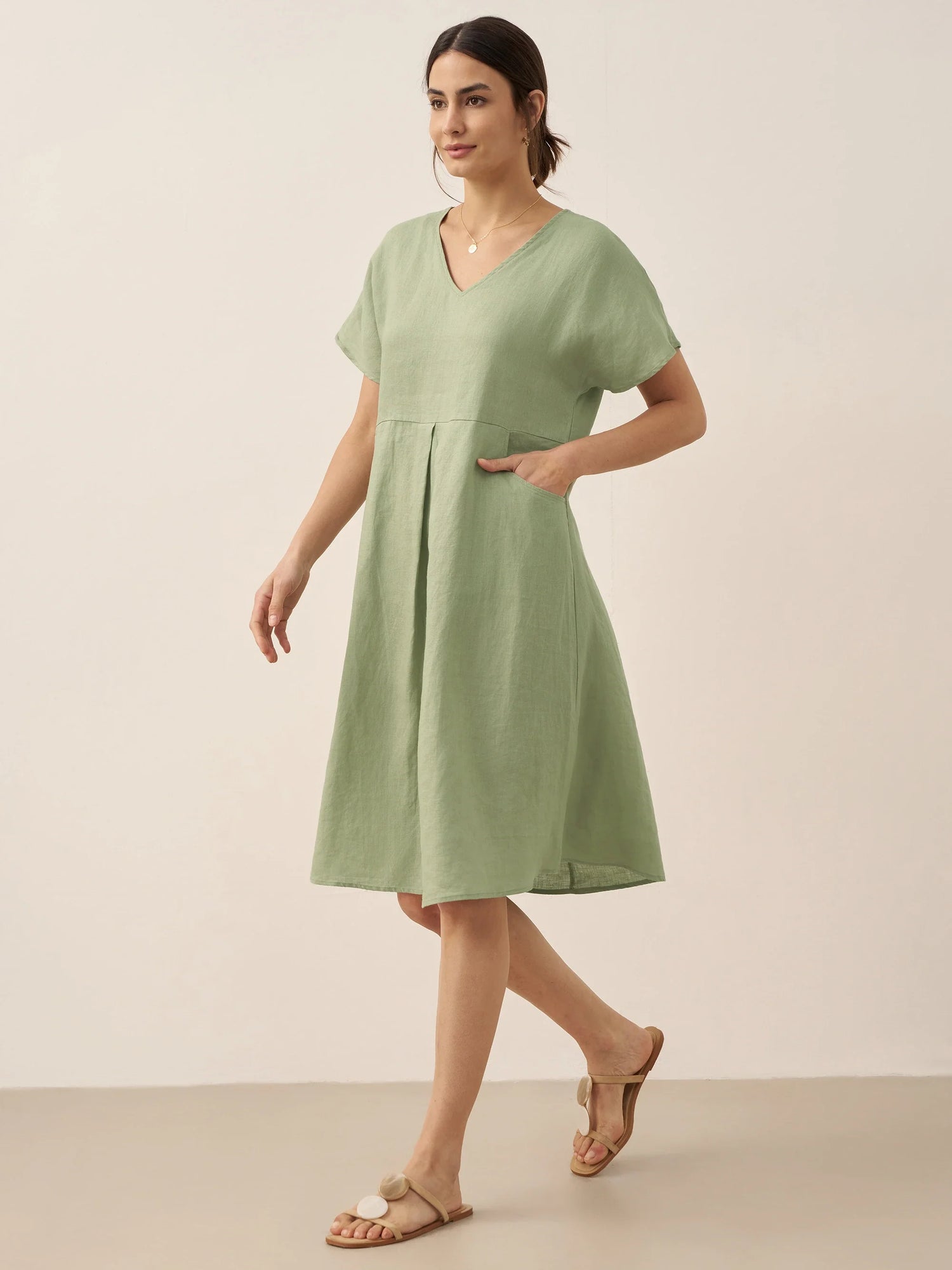 100% Linen V-Neck Pockets Swing Dress AINSLEY by LINTICO