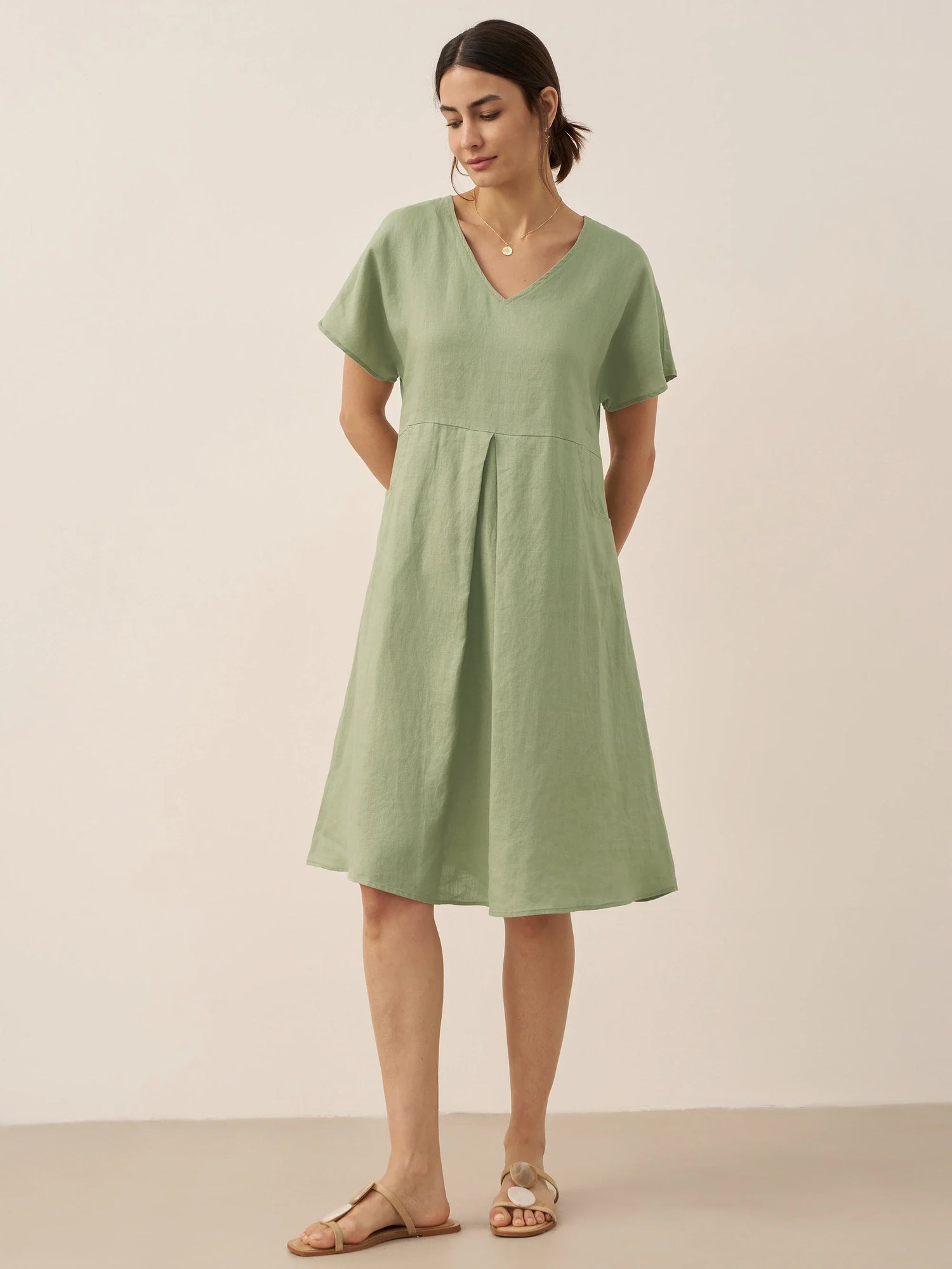 100% Linen V-Neck Pockets Swing Dress AINSLEY by LINTICO