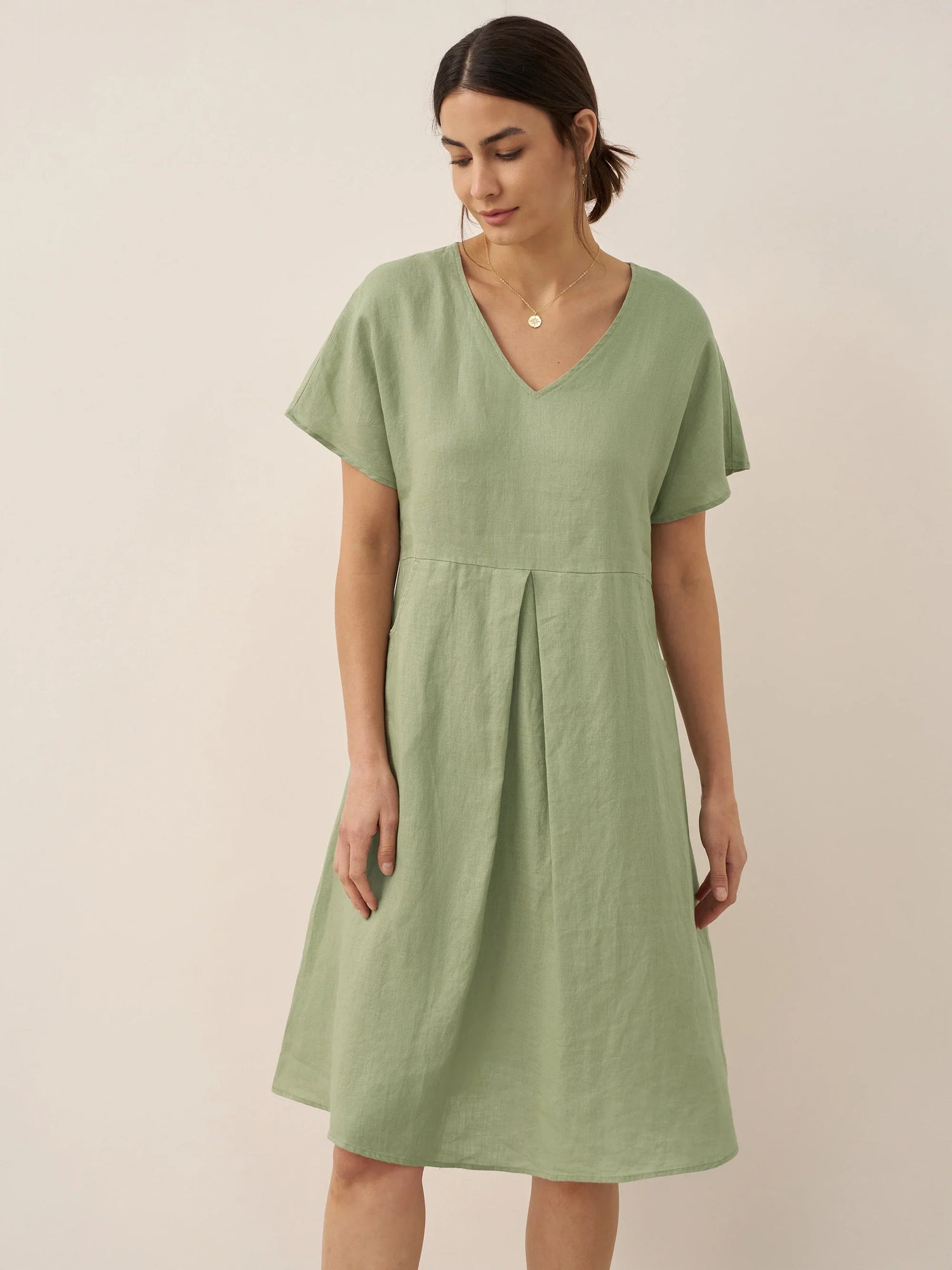 100% Linen V-Neck Pockets Swing Dress AINSLEY by LINTICO