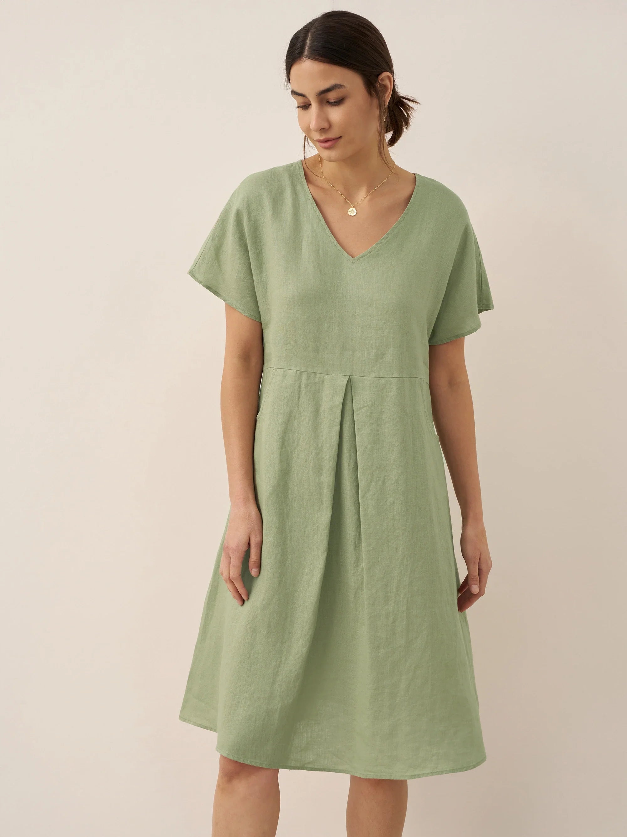 100% Linen V-Neck Pockets Swing Dress AINSLEY by LINTICO