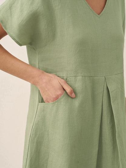 100% Linen V-Neck Pockets Swing Dress AINSLEY by LINTICO