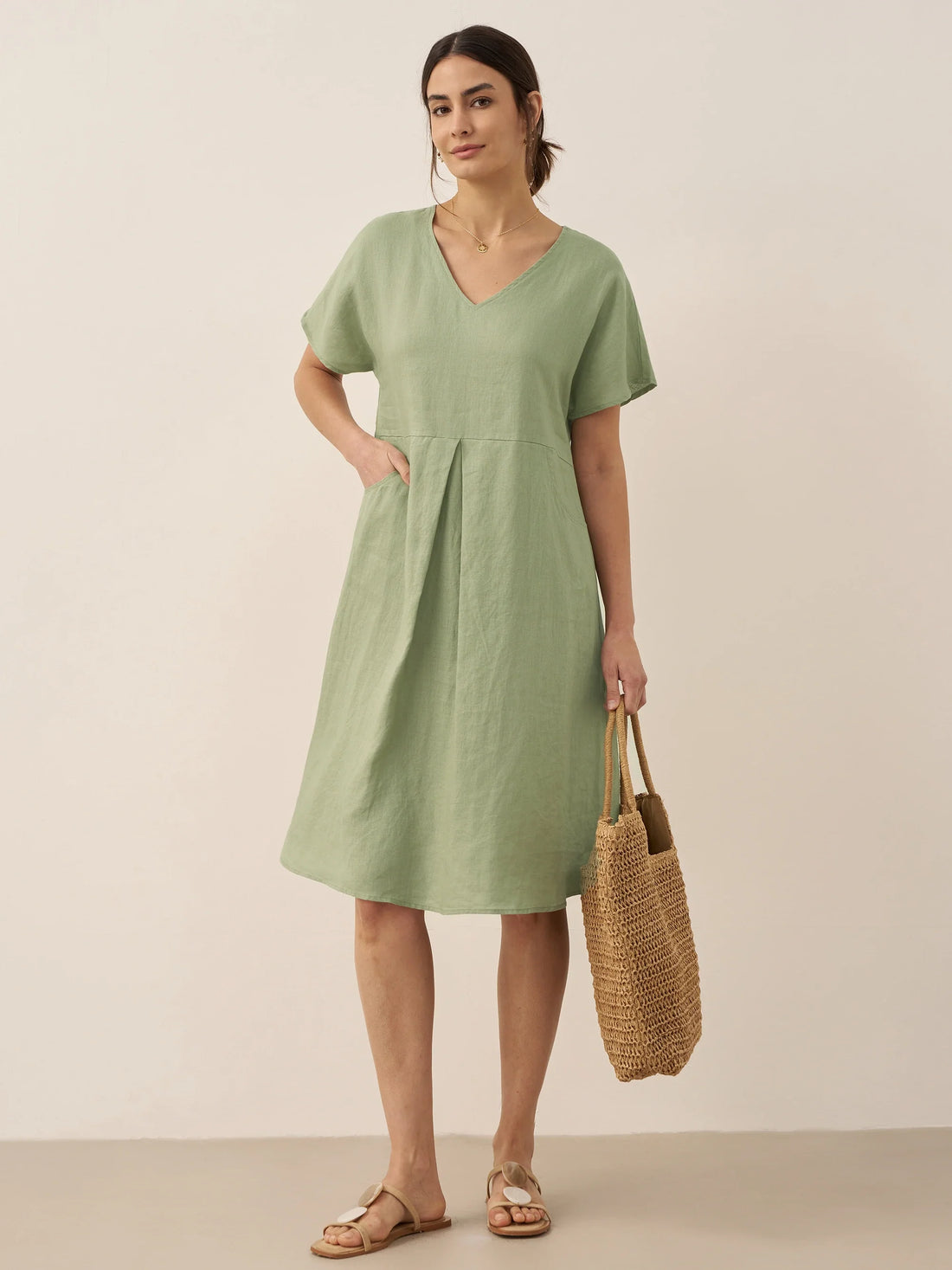 100% Linen V-Neck Pockets Swing Dress AINSLEY by LINTICO
