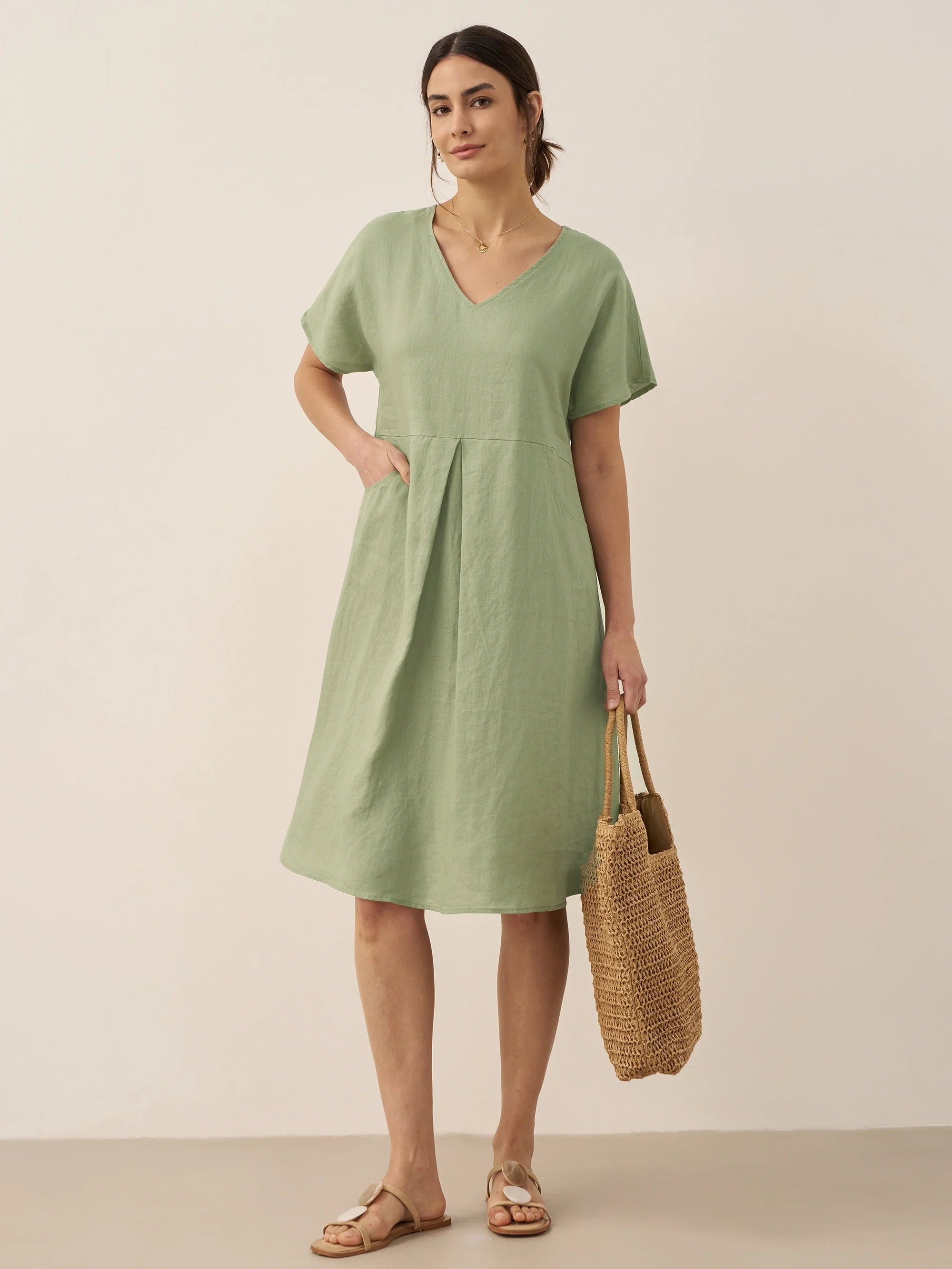 100% Linen V-Neck Pockets Swing Dress AINSLEY by LINTICO
