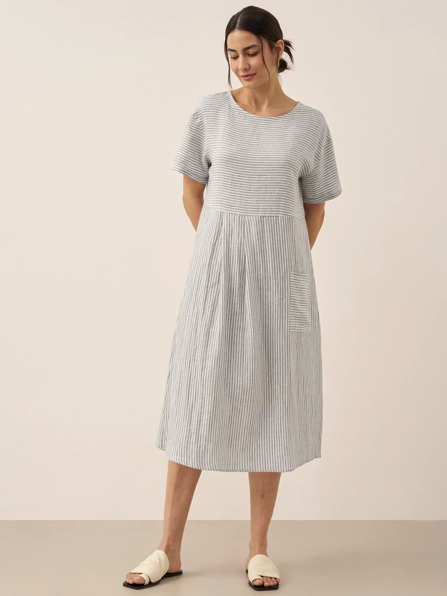 100% Linen Pinstripe Paneled Short-Sleeved Dress MORGAN by LINTICO