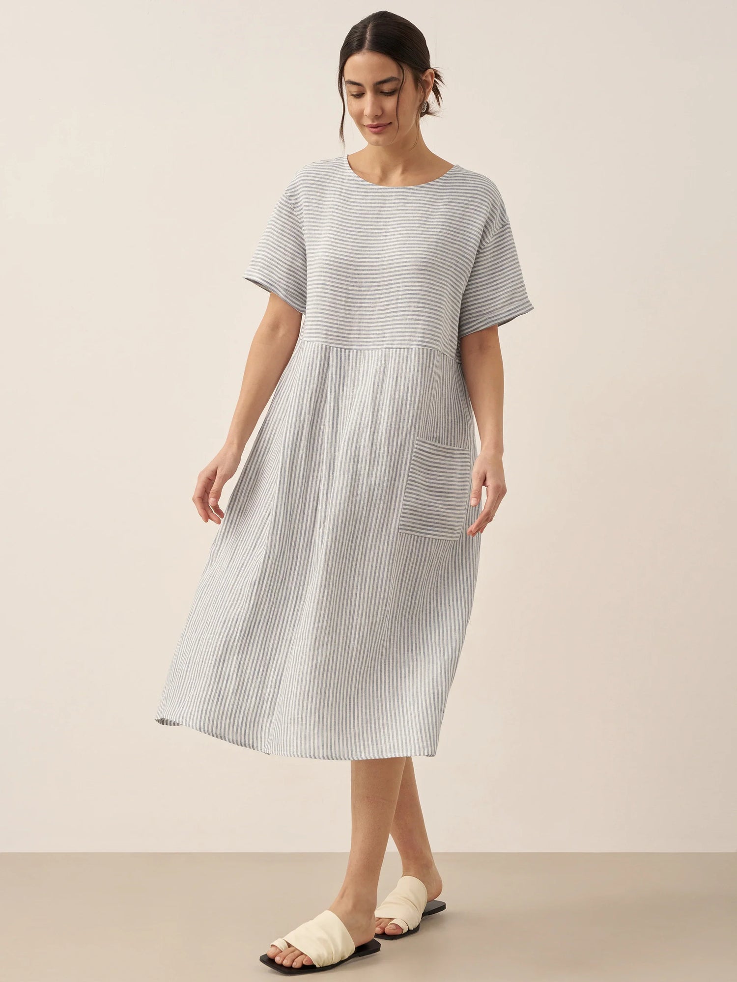 100% Linen Pinstripe Paneled Short-Sleeved Dress MORGAN by LINTICO