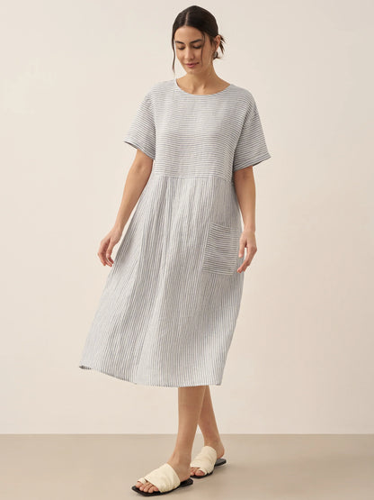 100% Linen Pinstripe Paneled Short-Sleeved Dress MORGAN by LINTICO