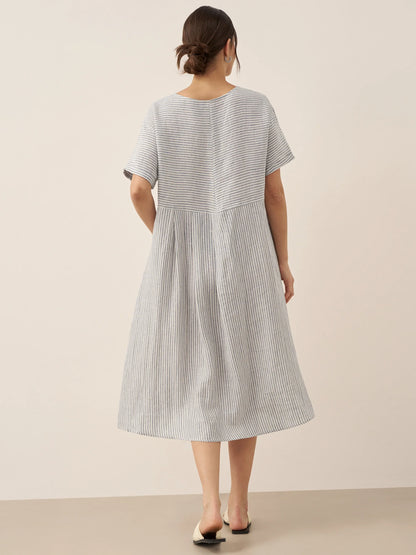 100% Linen Pinstripe Paneled Short-Sleeved Dress MORGAN by LINTICO