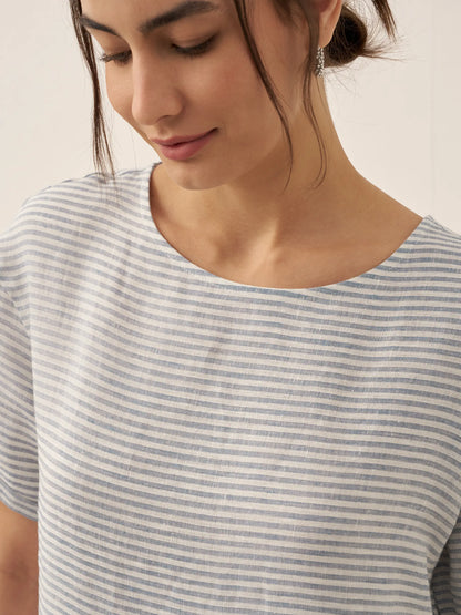 100% Linen Pinstripe Paneled Short-Sleeved Dress MORGAN by LINTICO