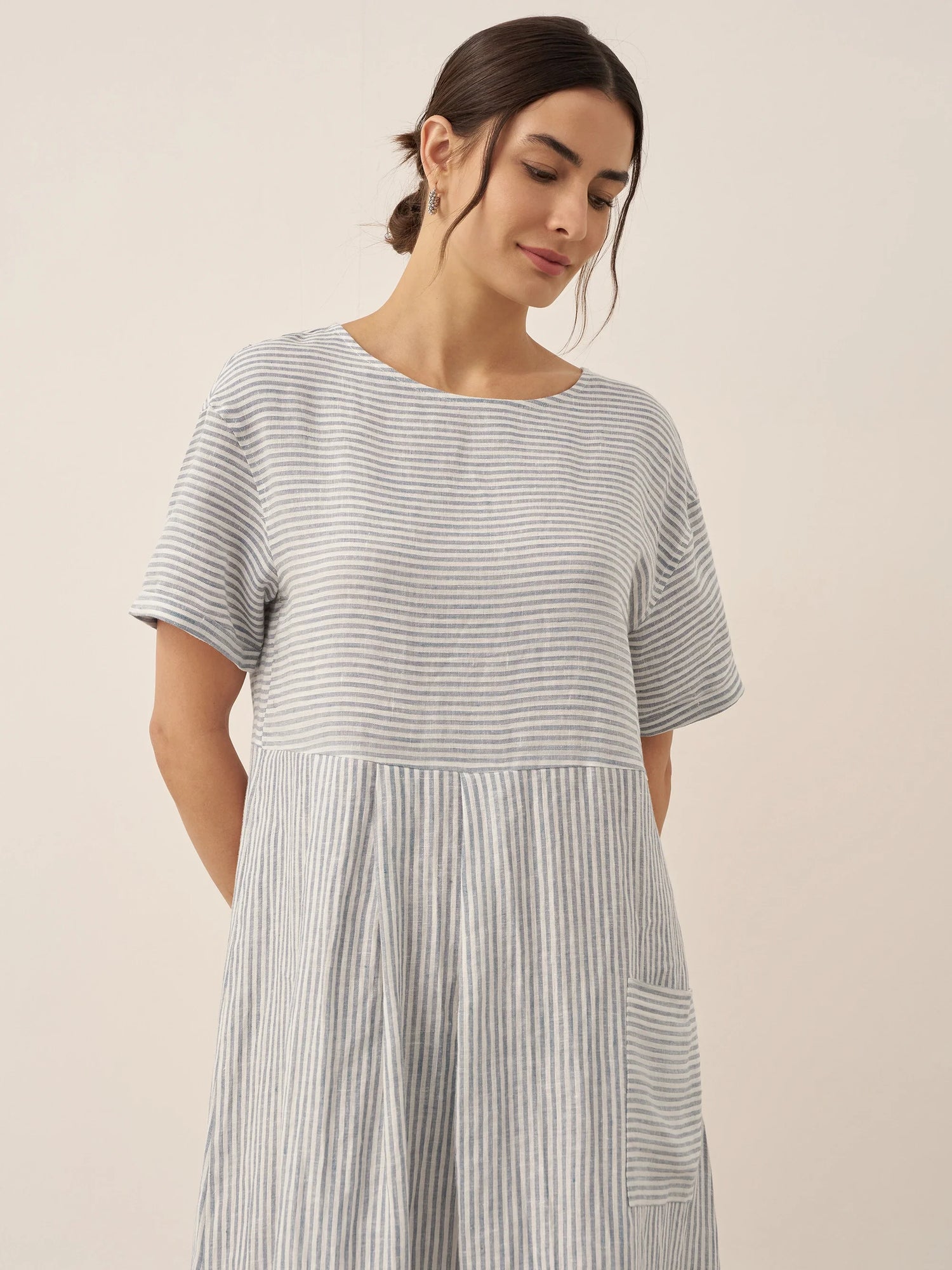 100% Linen Pinstripe Paneled Short-Sleeved Dress MORGAN by LINTICO