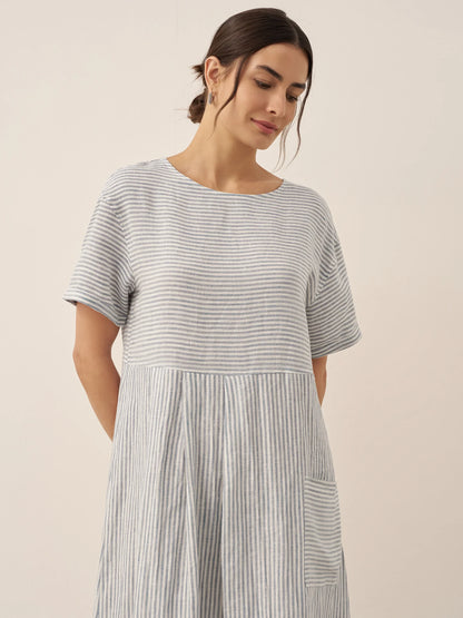 100% Linen Pinstripe Paneled Short-Sleeved Dress MORGAN by LINTICO