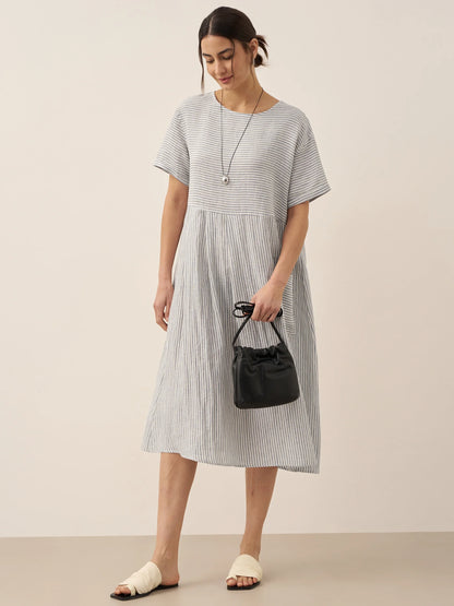 100% Linen Pinstripe Paneled Short-Sleeved Dress MORGAN by LINTICO