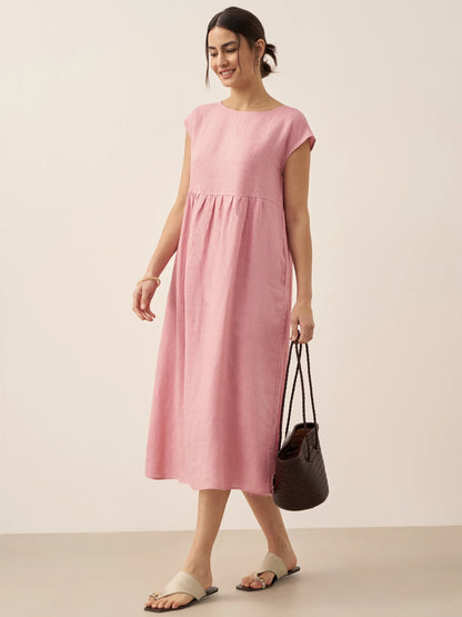 100% Linen Cap Sleeve Washed Midi Dress JOAN