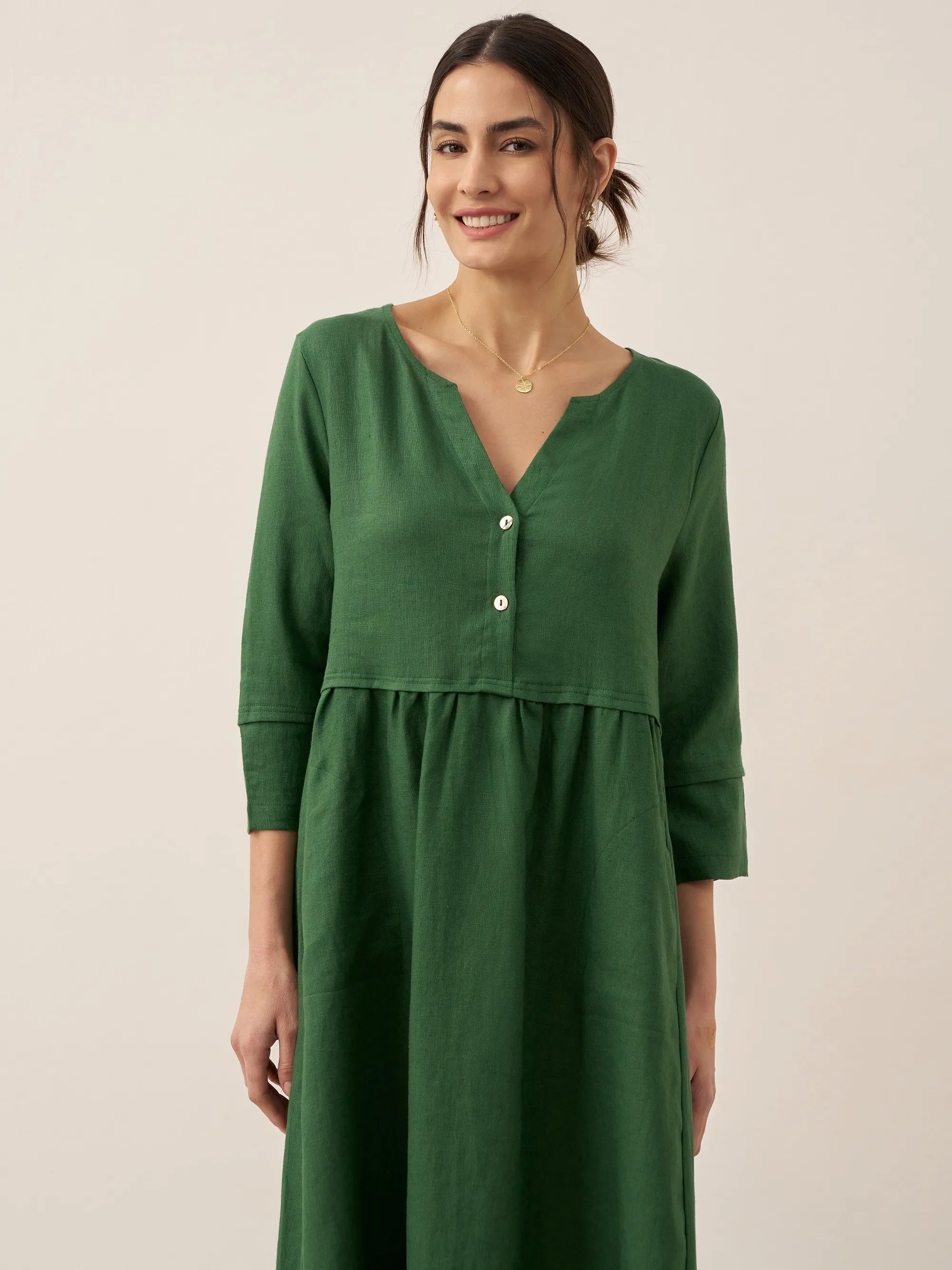 100% Linen Loose Fit Button Waist Gathered Midi Dress LUNA by LINTICO