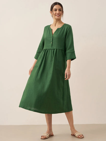 100% Linen Loose Fit Button Waist Gathered Midi Dress LUNA by LINTICO