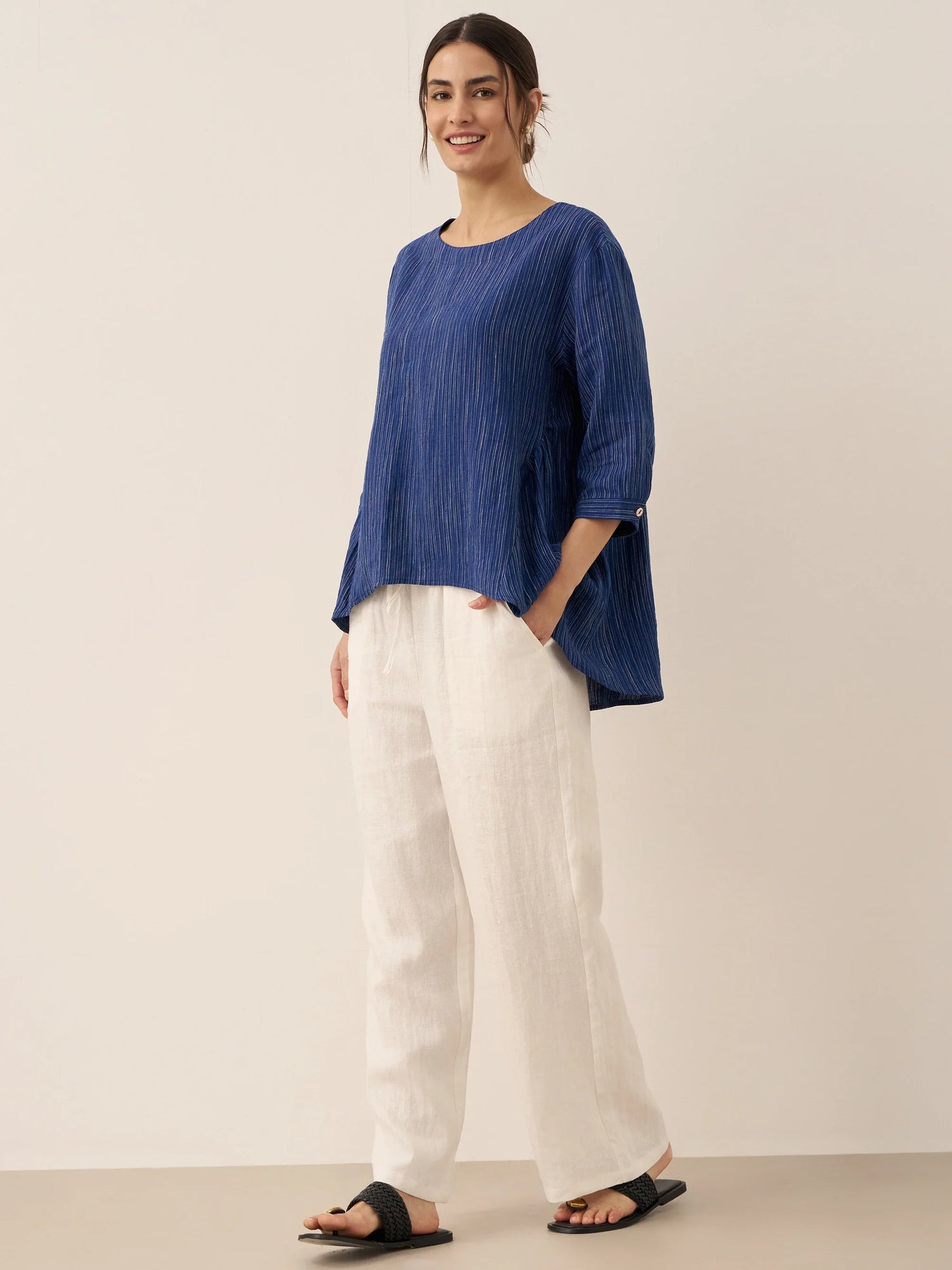 100% Linen Round Neck Artistic Stripe Top FLORENCE by LINTICO