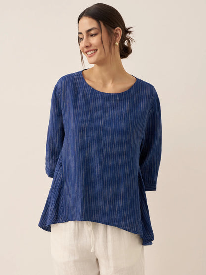 100% Linen Round Neck Artistic Stripe Top FLORENCE by LINTICO