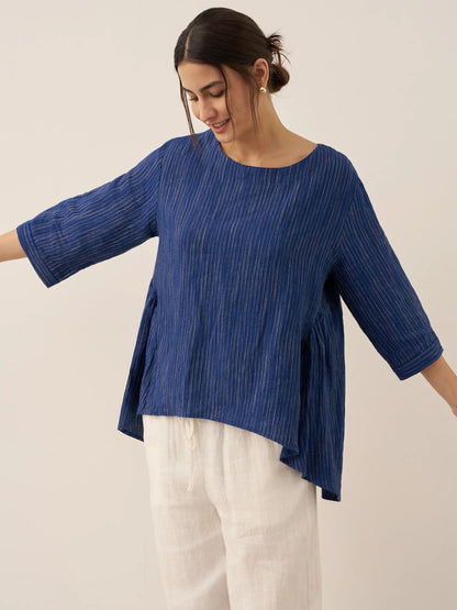 100% Linen Round Neck Artistic Stripe Top FLORENCE by LINTICO