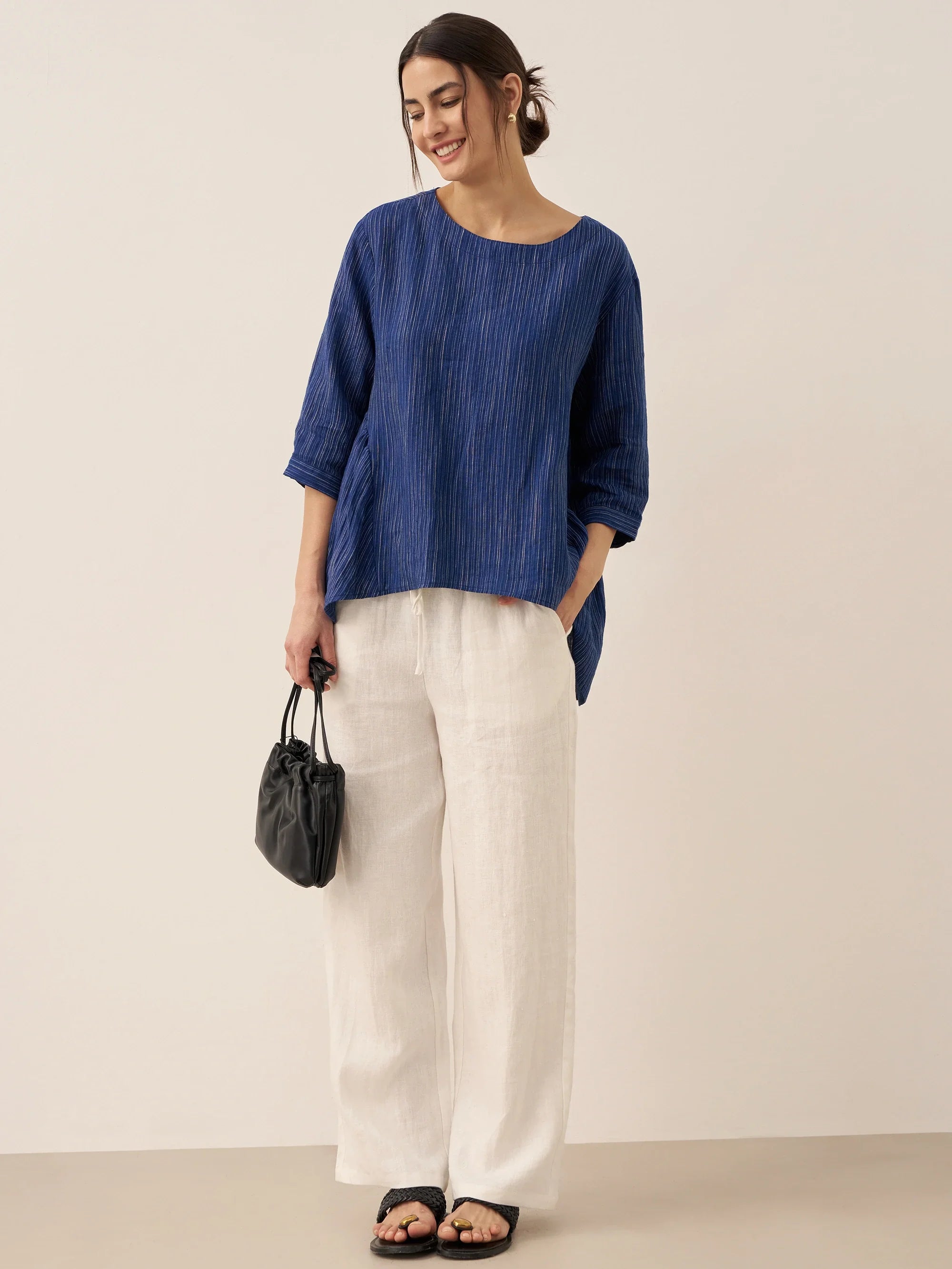 100% Linen Round Neck Artistic Stripe Top FLORENCE by LINTICO