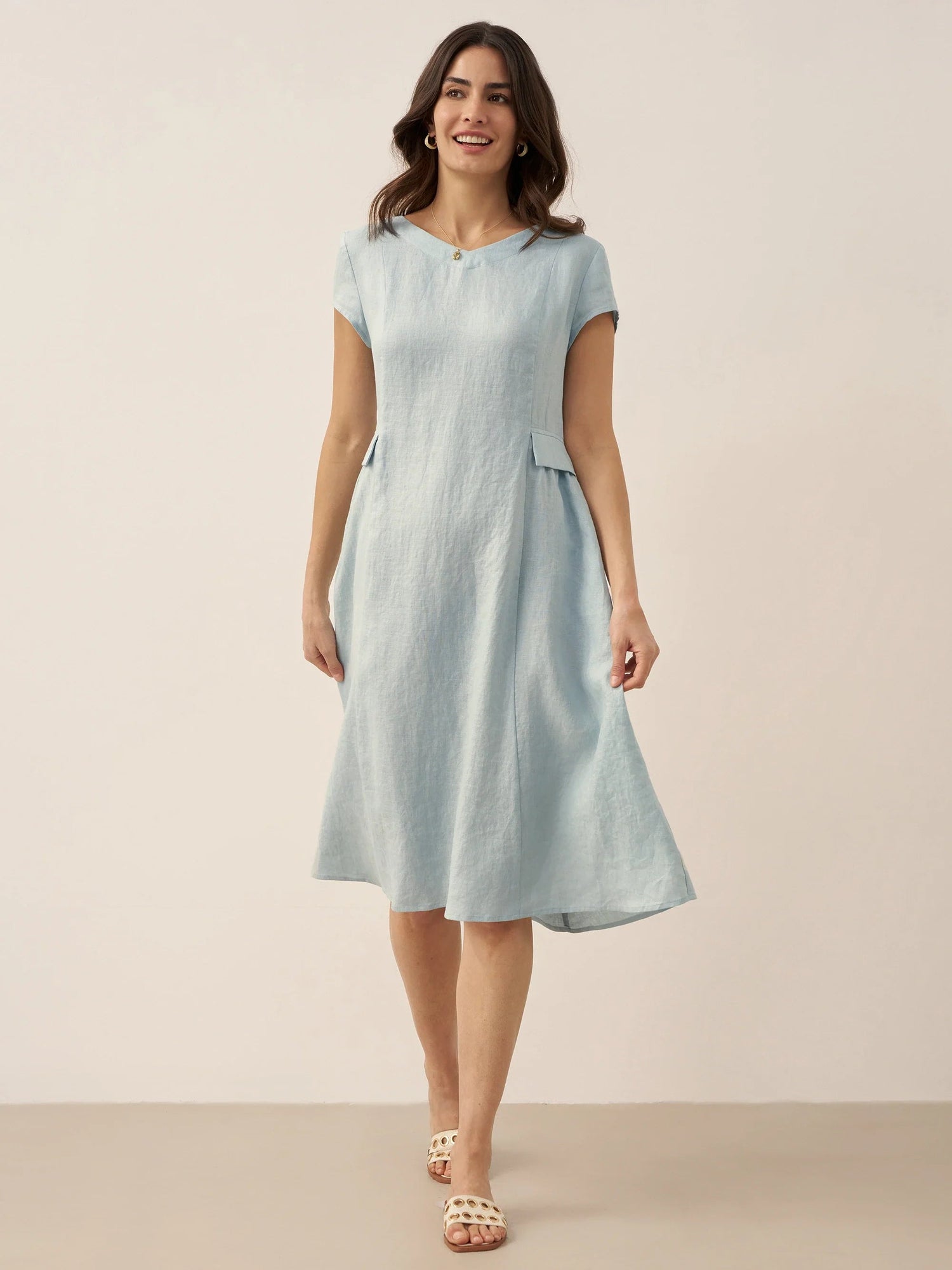 100% Linen Natural Summer V-Neck Dress ALEXA  DestGlow
