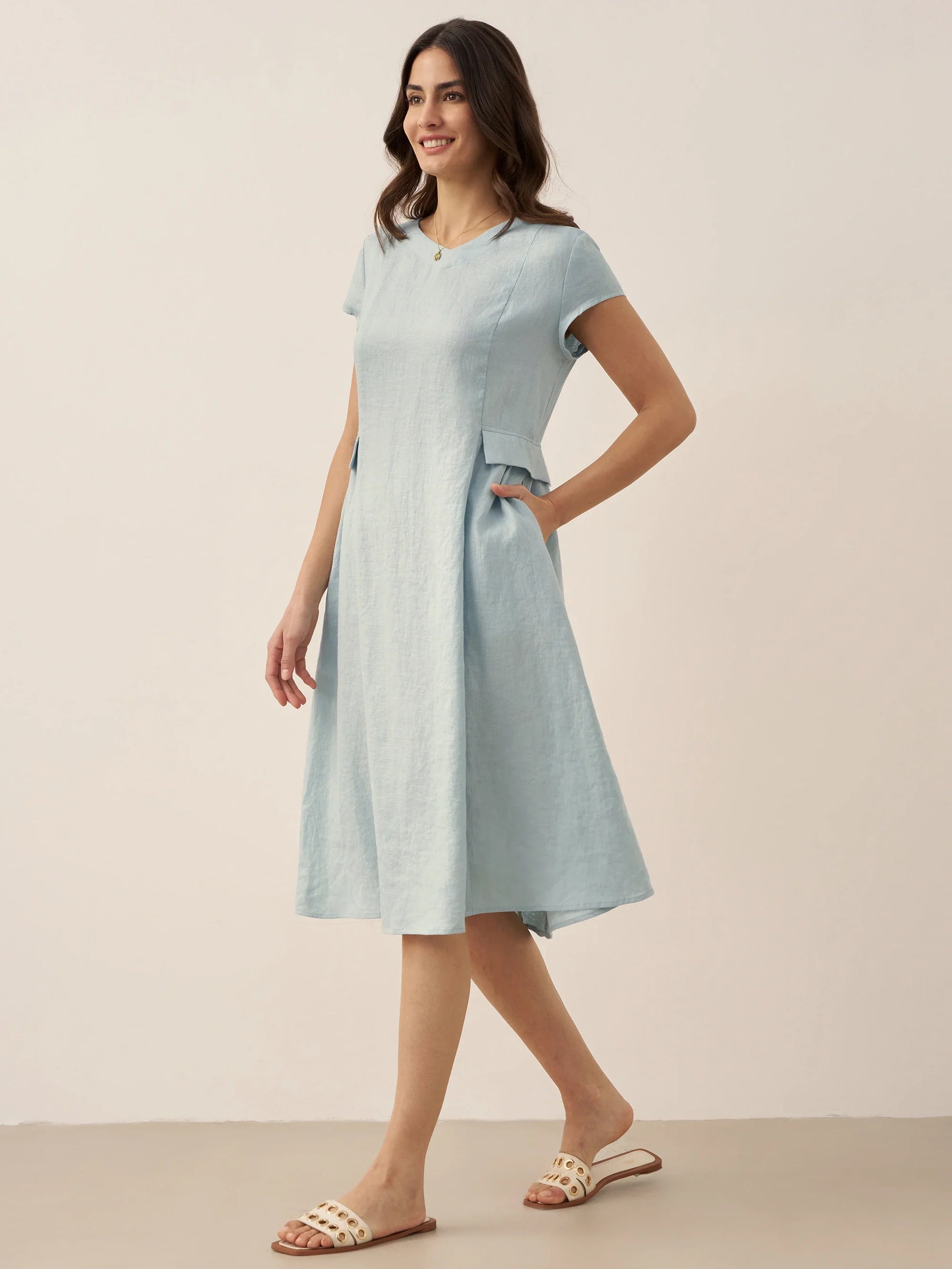 100% Linen Natural Summer V-Neck Dress ALEXA  DestGlow