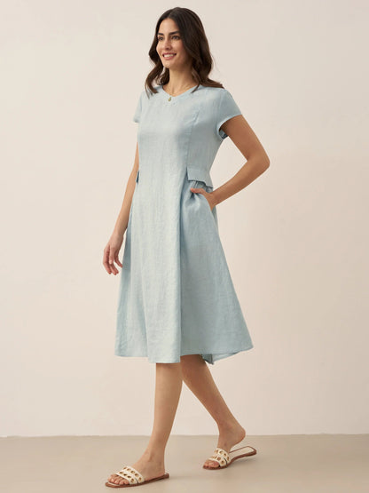 100% Linen Natural Summer V-Neck Dress ALEXA  DestGlow