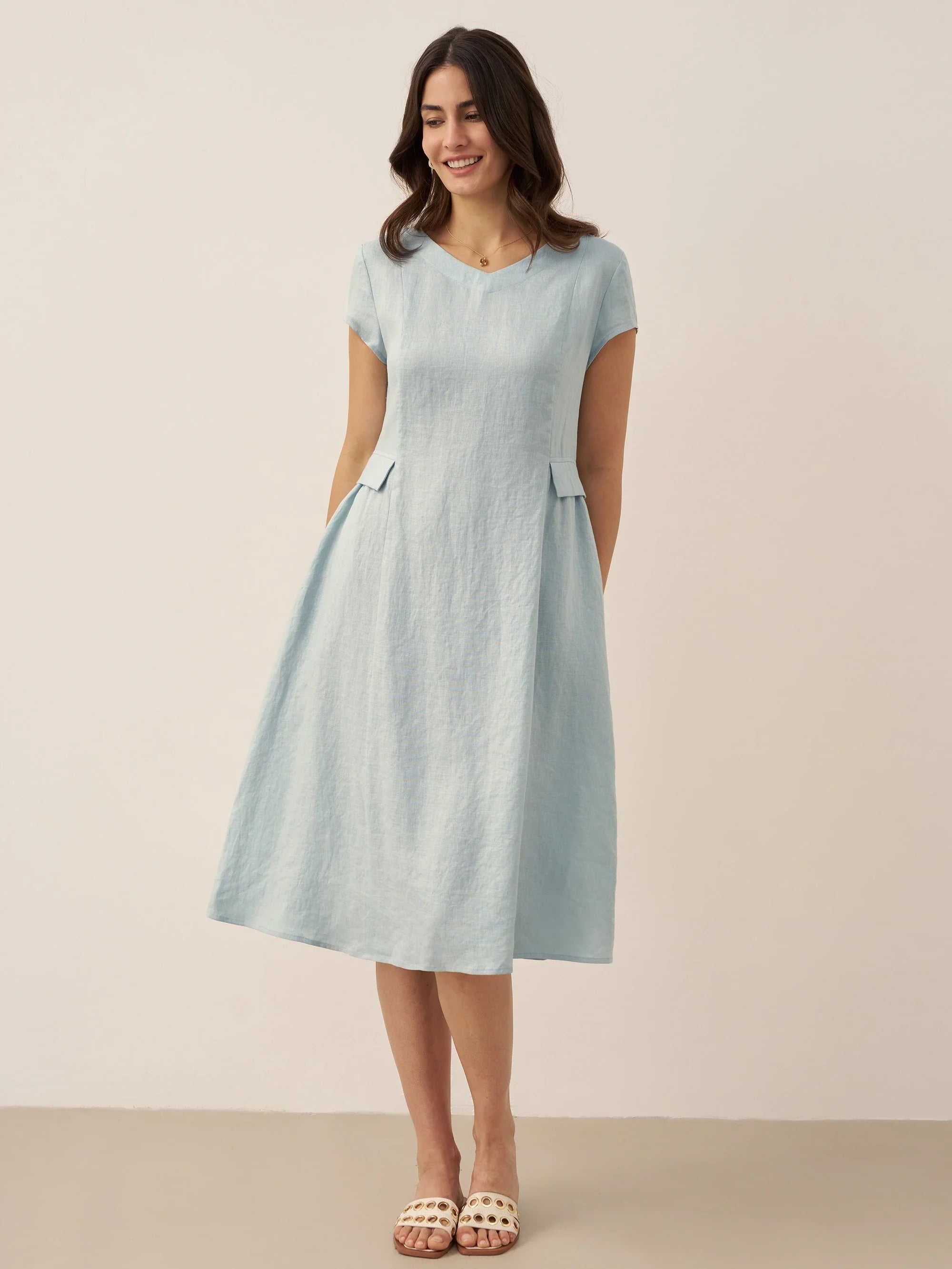 100% Linen Natural Summer V-Neck Dress ALEXA  DestGlow