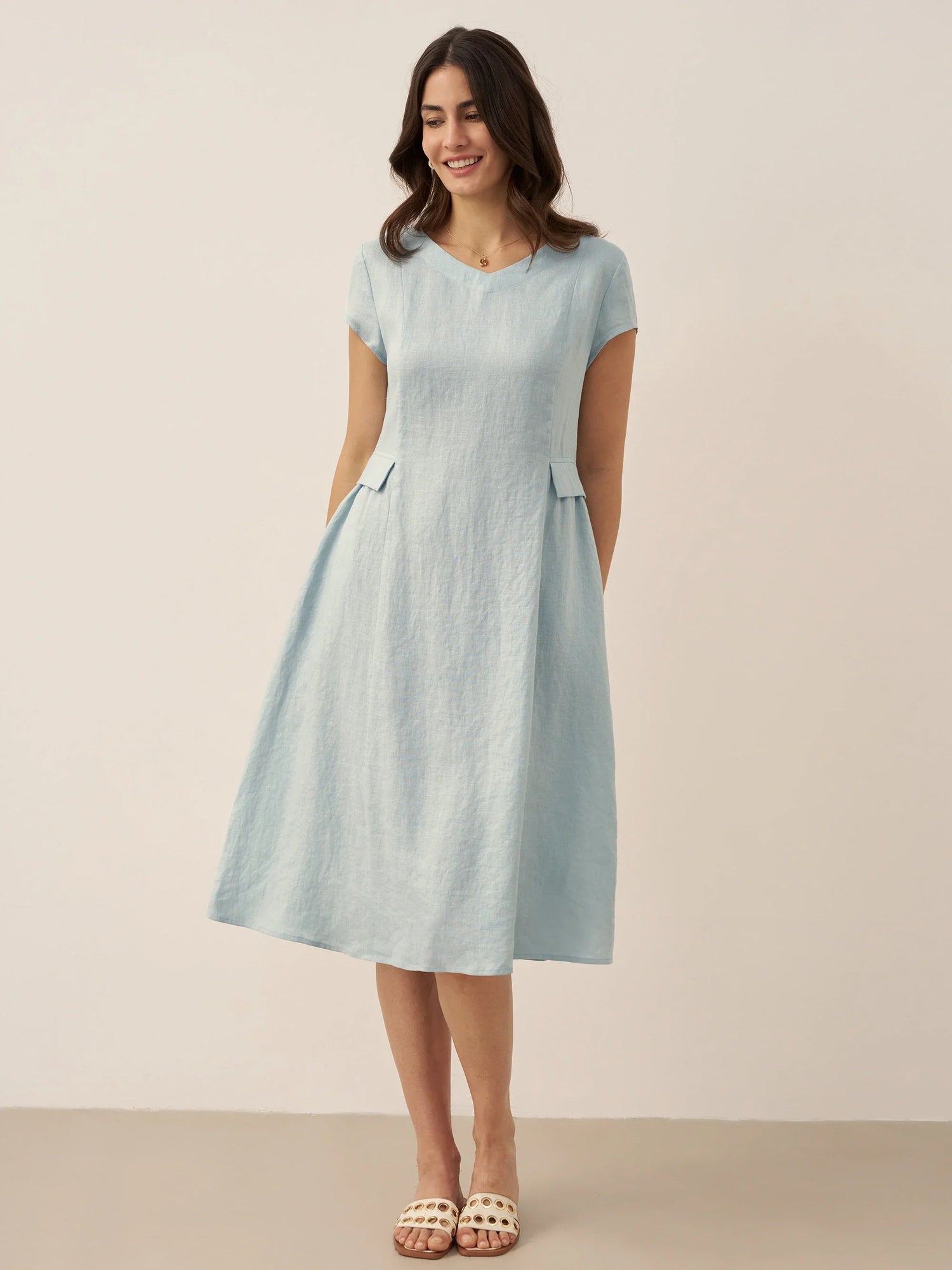 100% Linen Natural Summer V-Neck Dress ALEXA  DestGlow