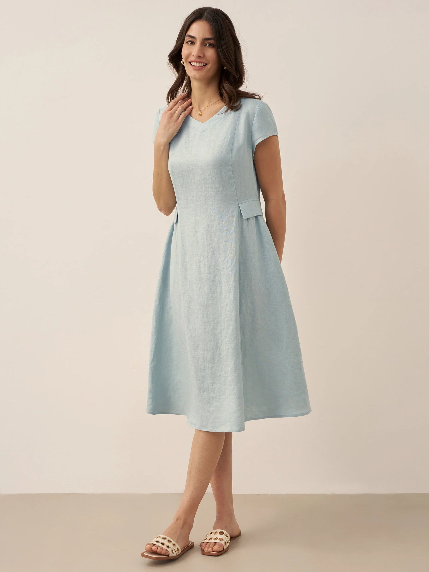 100% Linen Natural Summer V-Neck Dress ALEXA  DestGlow