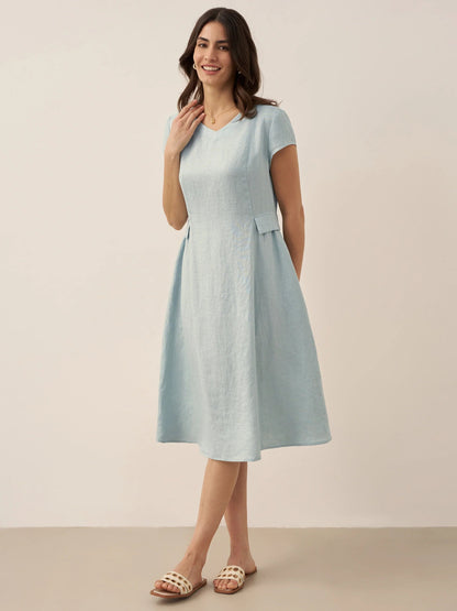100% Linen Natural Summer V-Neck Dress ALEXA  DestGlow