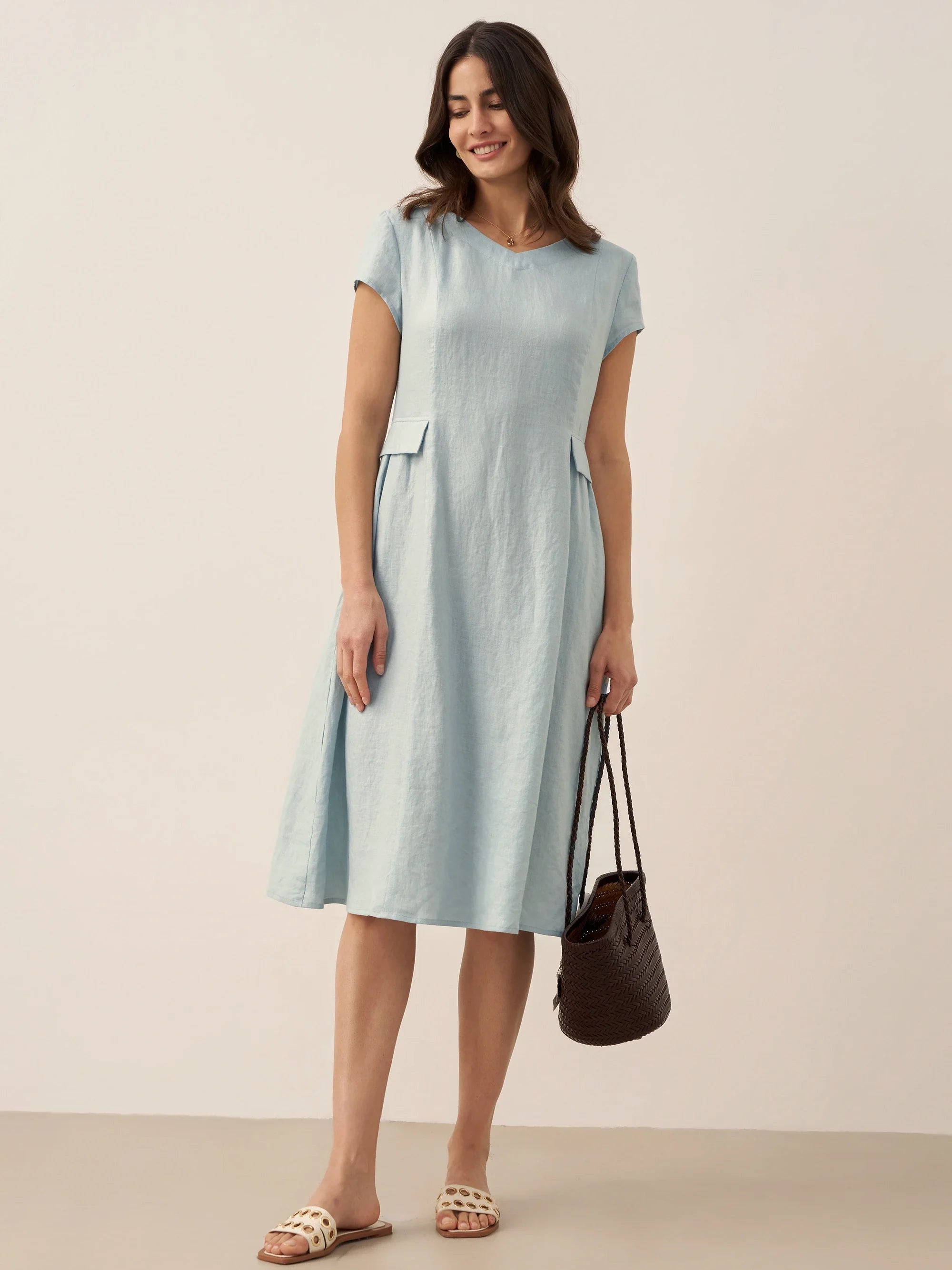 100% Linen Natural Summer V-Neck Dress ALEXA  DestGlow