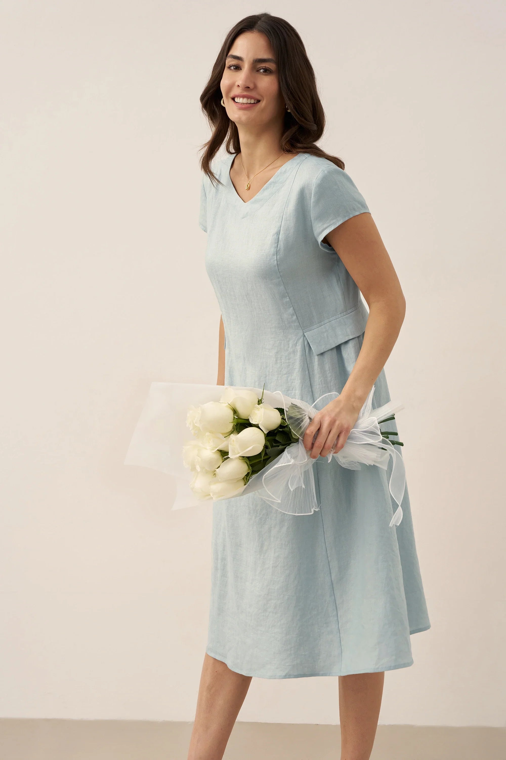 100% Linen Natural Summer V-Neck Dress ALEXA  DestGlow