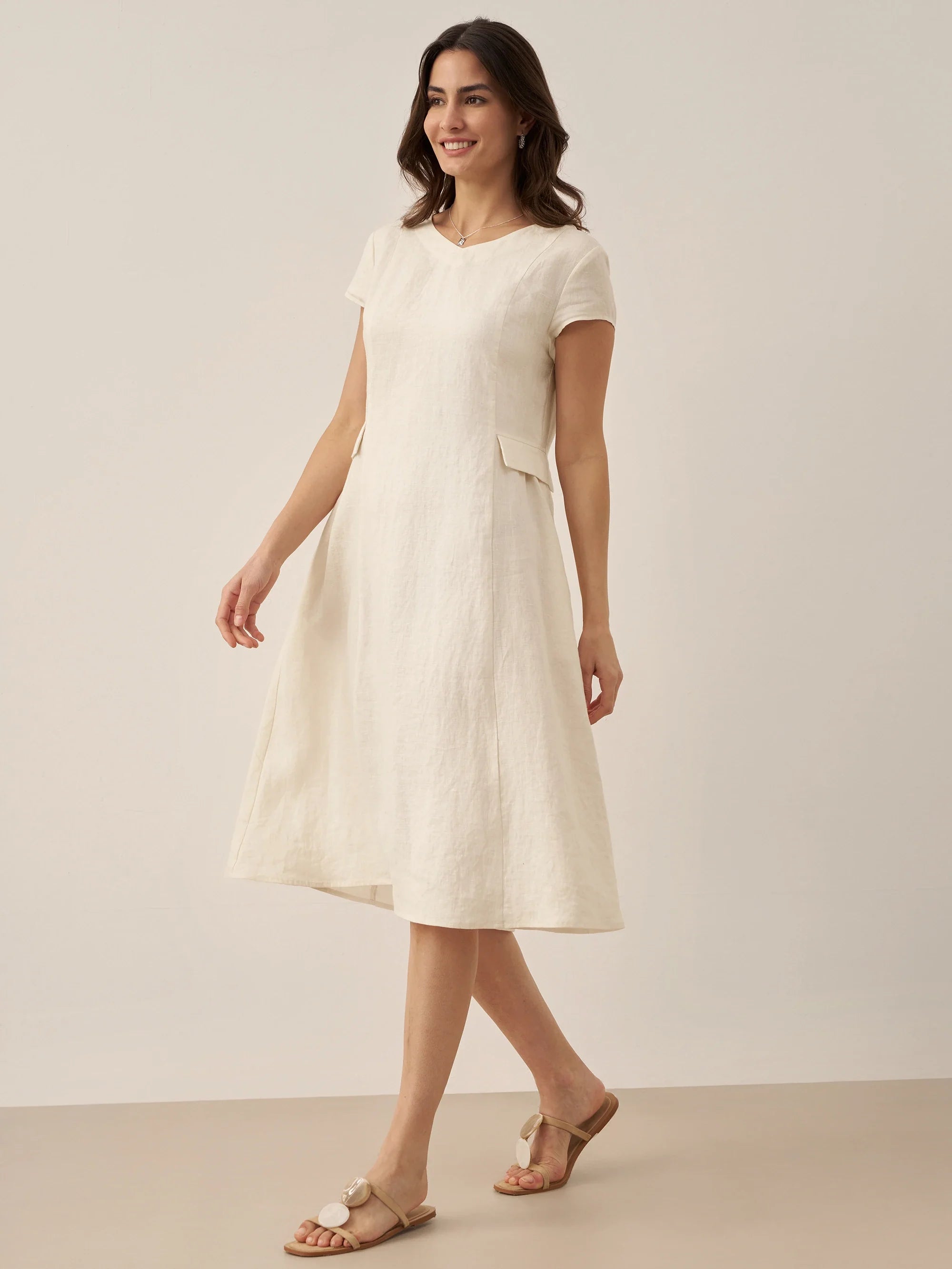 100% Linen Natural Summer V-Neck Dress ALEXA  DestGlow