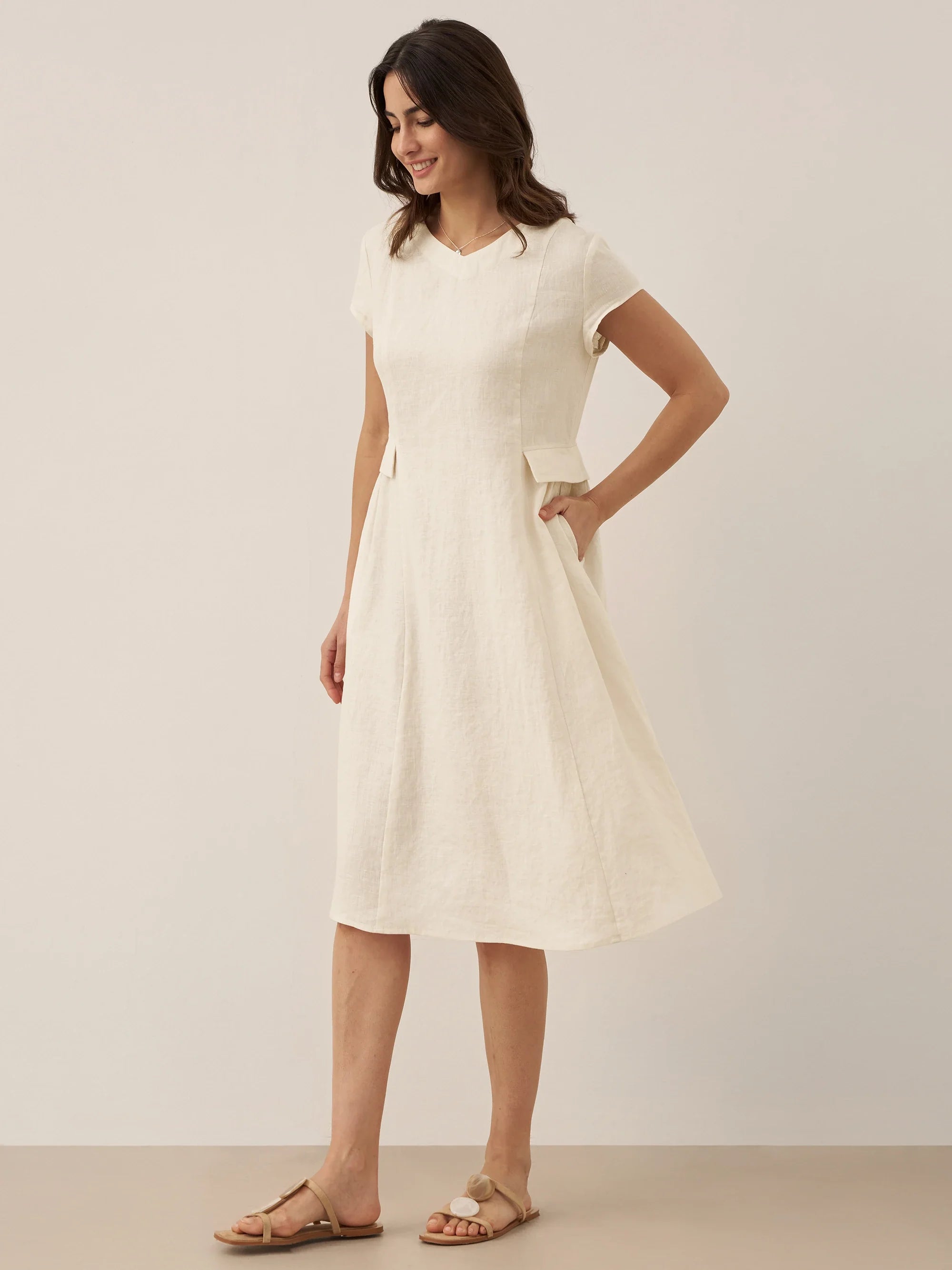 100% Linen Natural Summer V-Neck Dress ALEXA  DestGlow