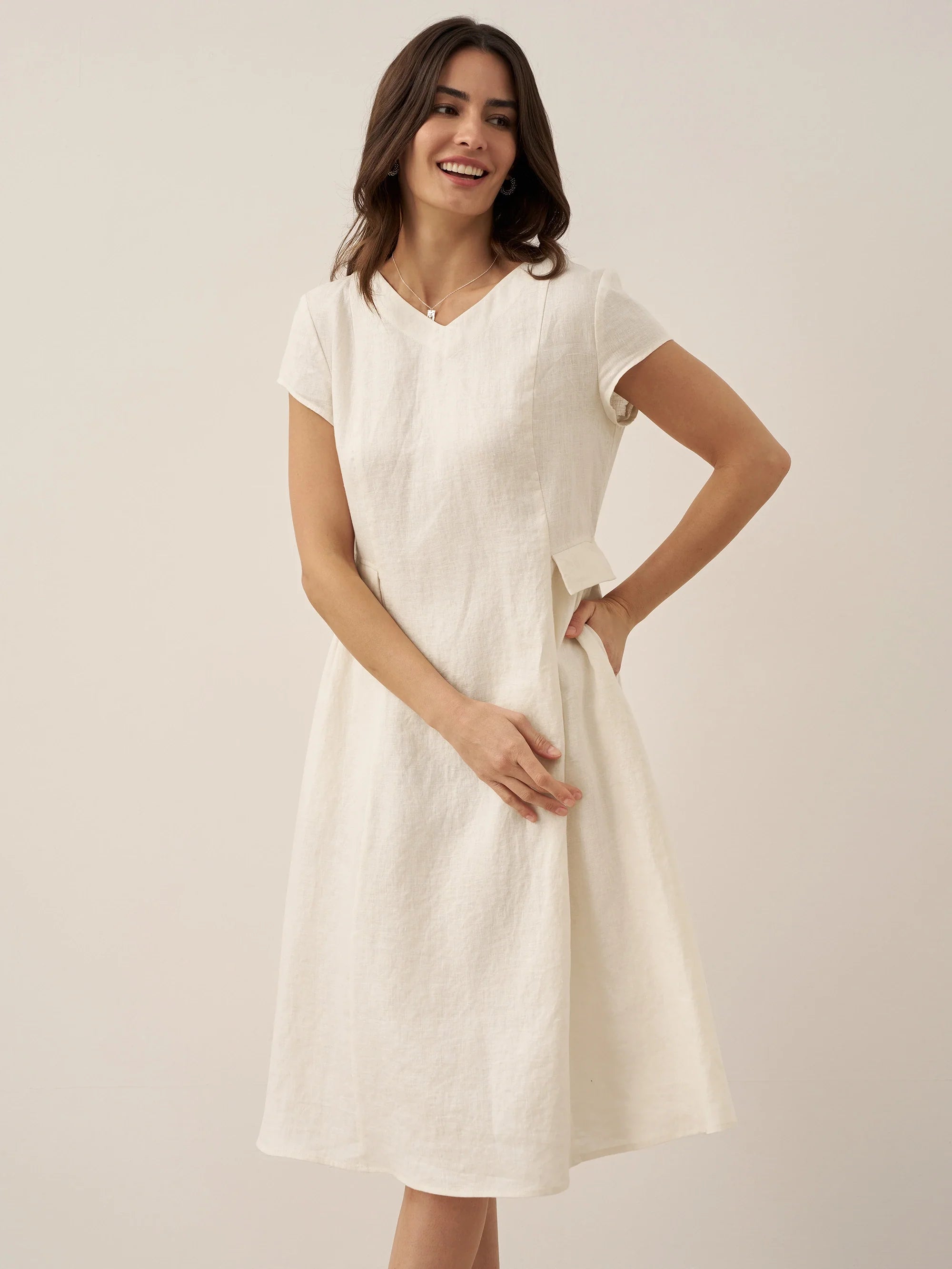 100% Linen Natural Summer V-Neck Dress ALEXA  DestGlow