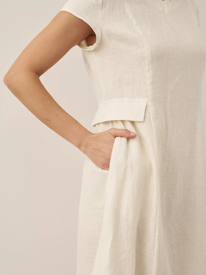 100% Linen Natural Summer V-Neck Dress ALEXA  DestGlow