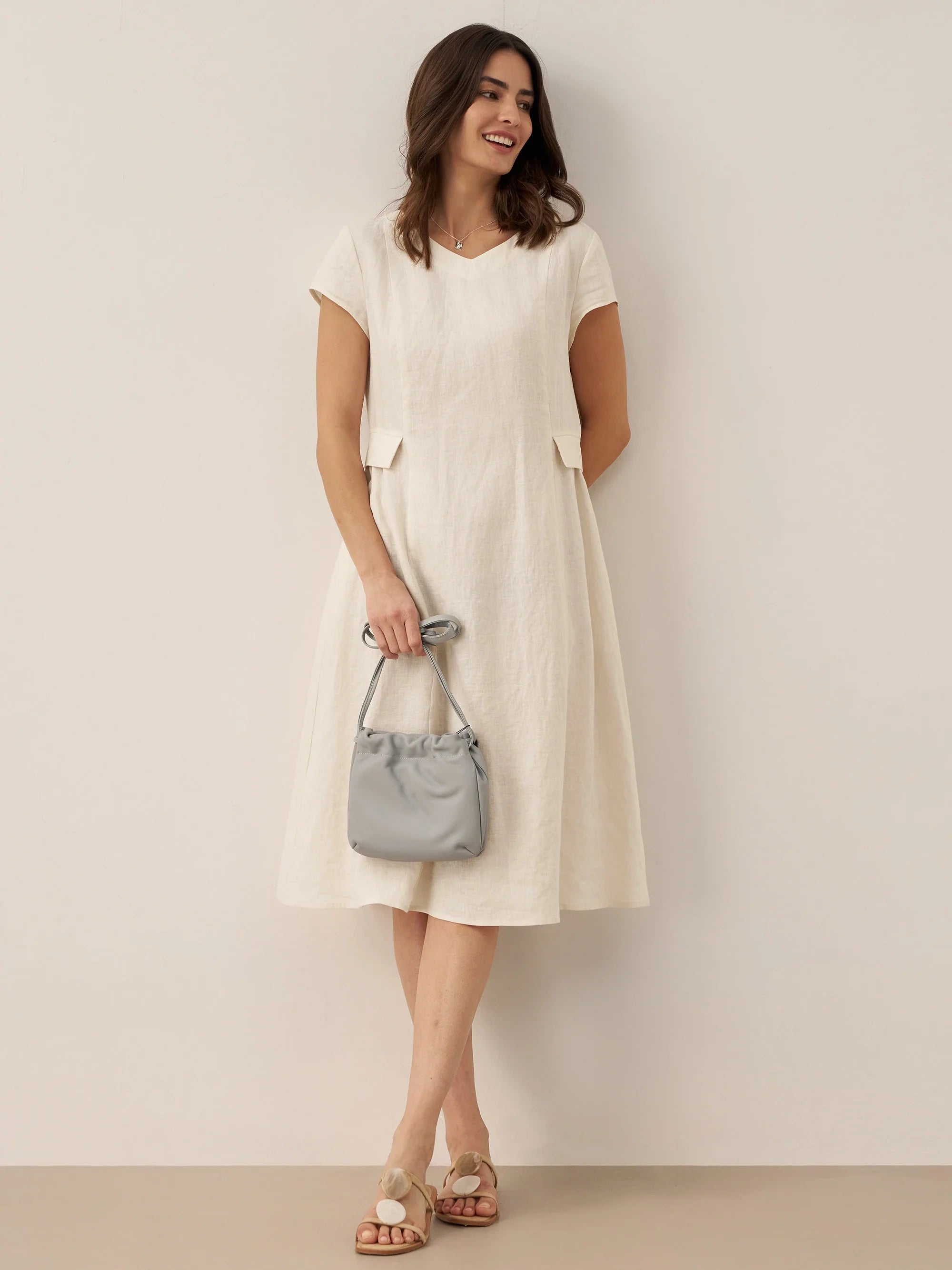 100% Linen Natural Summer V-Neck Dress ALEXA  DestGlow