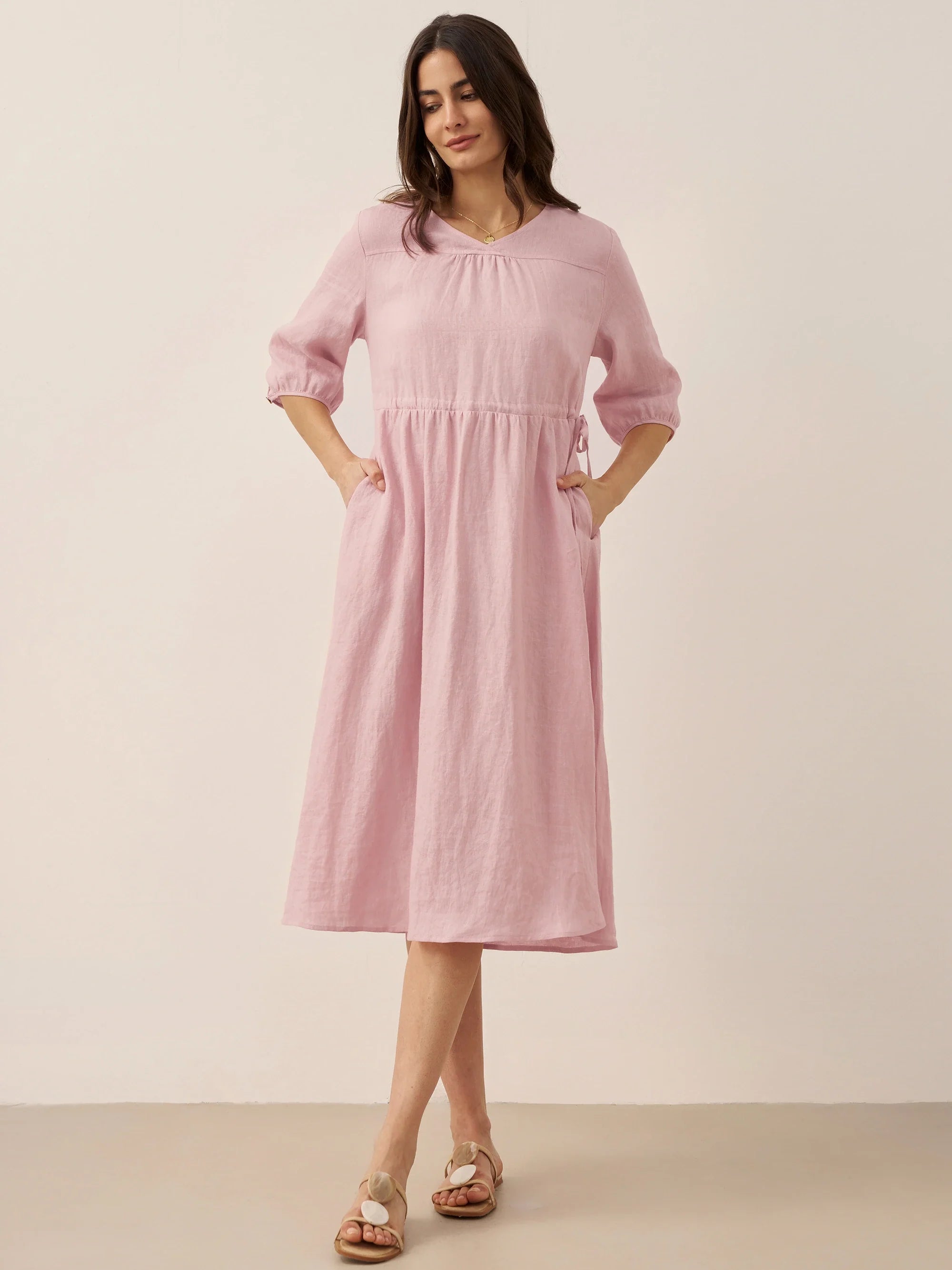 100% Linen A-Line Drawstring Waist Midi Dress DIXIE by LINTICO
