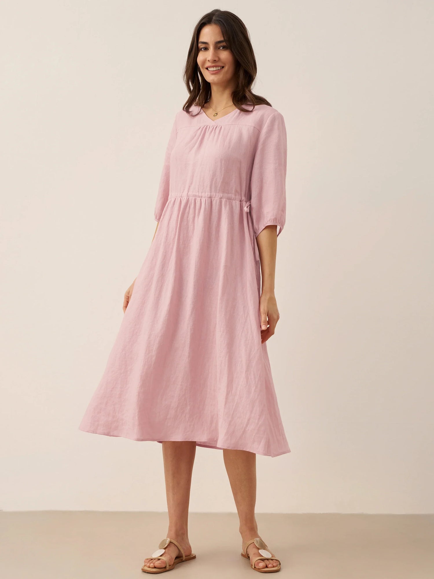 100% Linen A-Line Drawstring Waist Midi Dress DIXIE by LINTICO