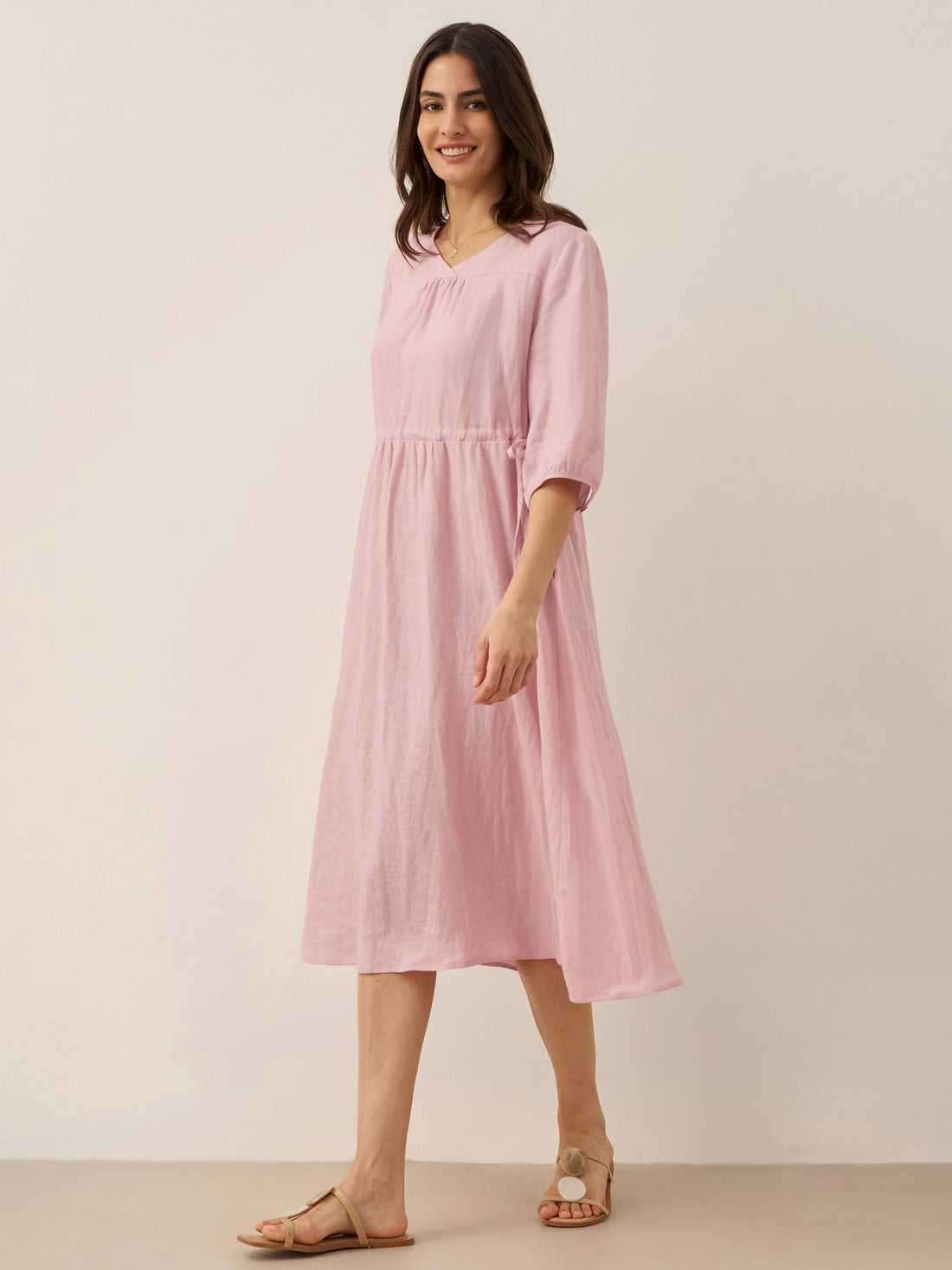 100% Linen A-Line Drawstring Waist Midi Dress DIXIE by LINTICO