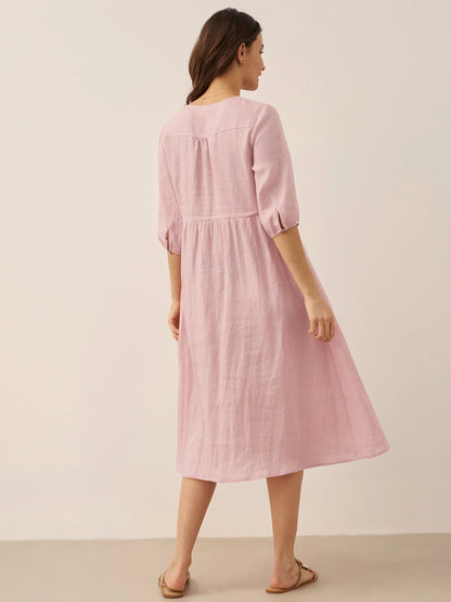 100% Linen A-Line Drawstring Waist Midi Dress DIXIE by LINTICO