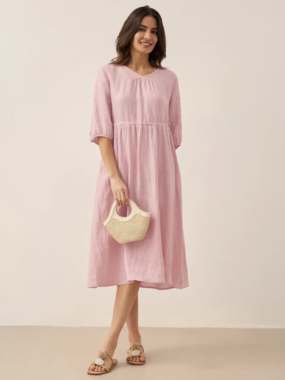 100% Linen A-Line Drawstring Waist Midi Dress DIXIE by LINTICO