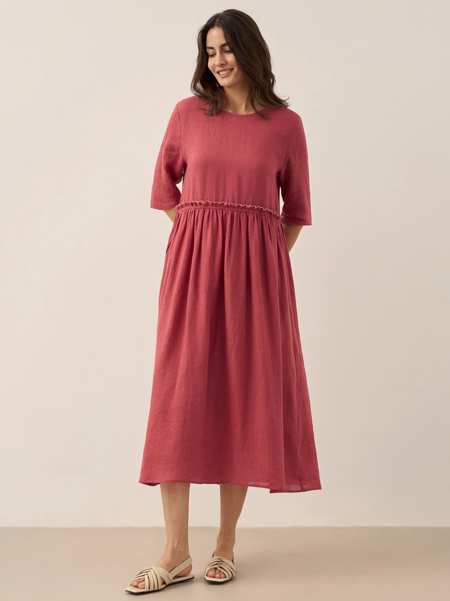 100% Linen Petal-Waist Drawstring Midi Dress JASMINE by LINTICO