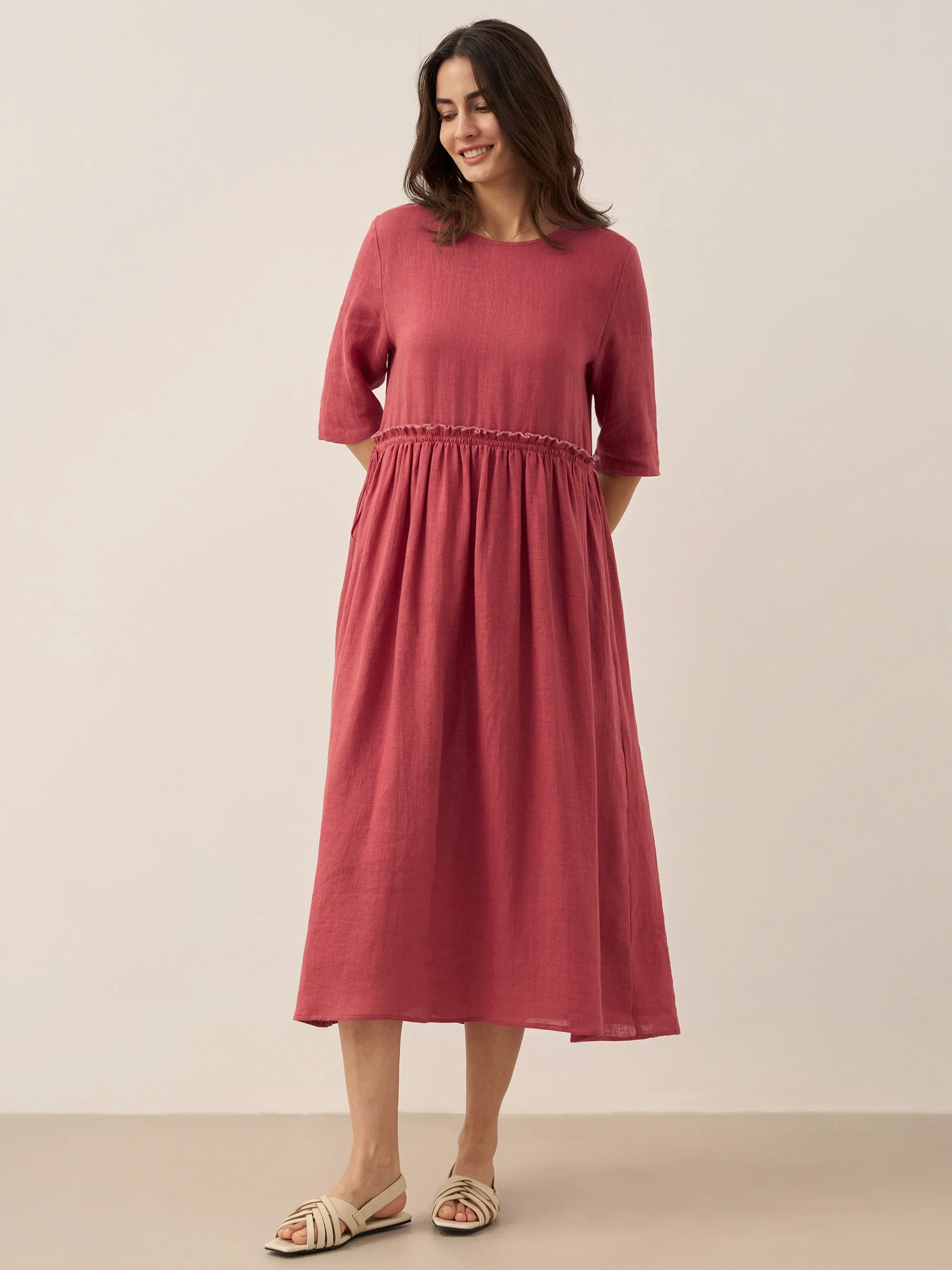 100% Linen Petal-Waist Drawstring Midi Dress JASMINE by LINTICO
