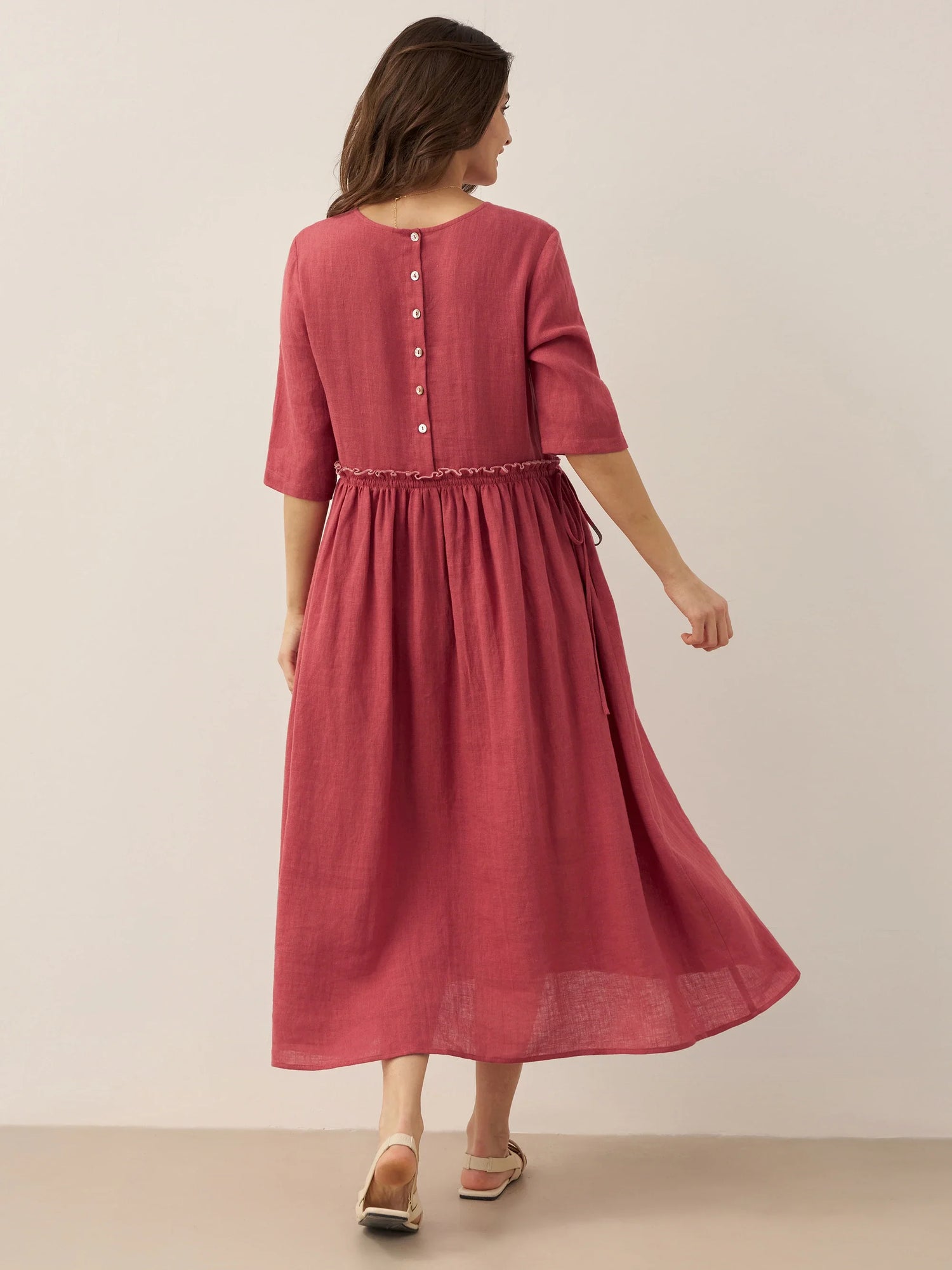 100% Linen Petal-Waist Drawstring Midi Dress JASMINE by LINTICO